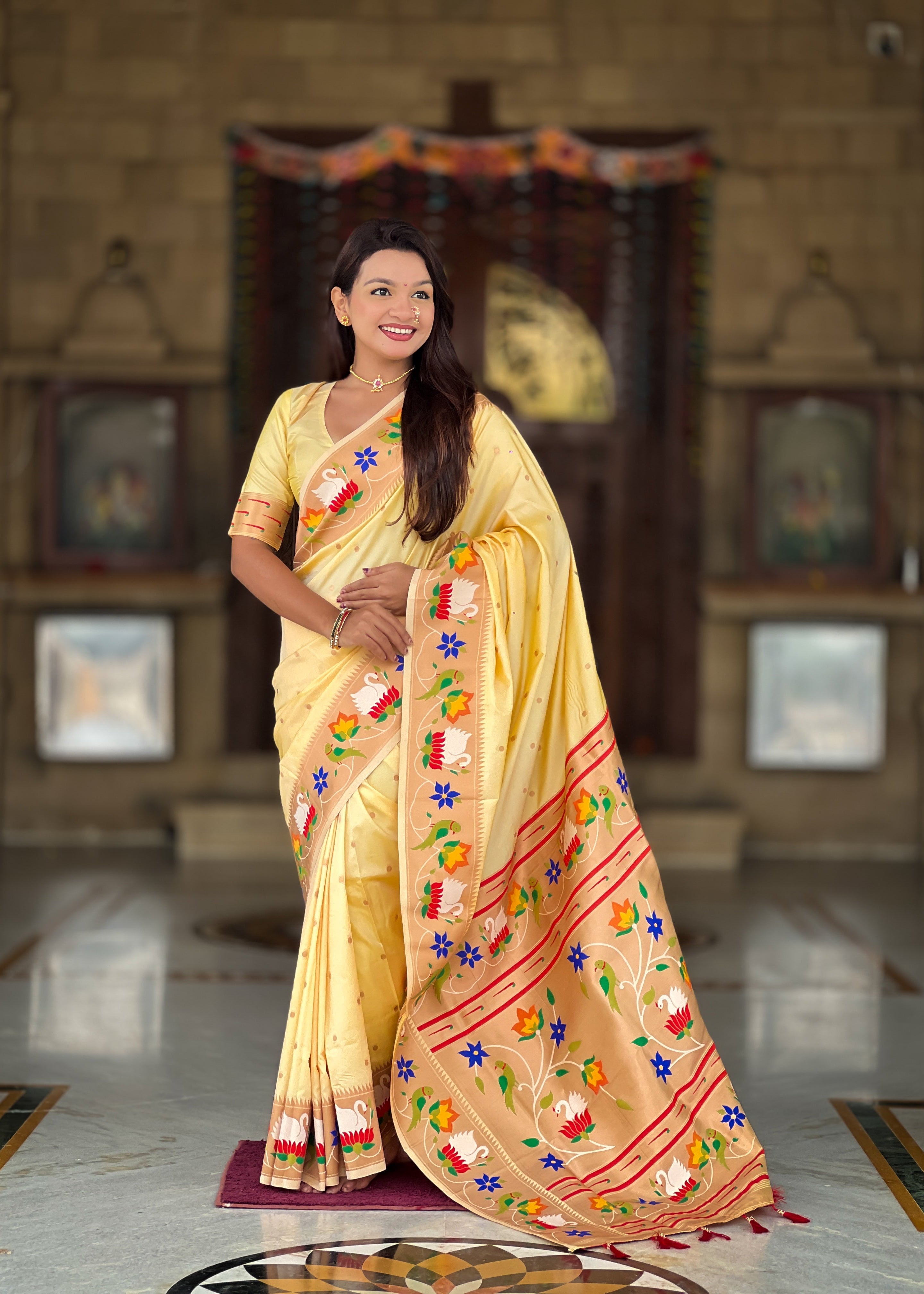 Cream Wedding Wear Soft Paithani Silk Saree