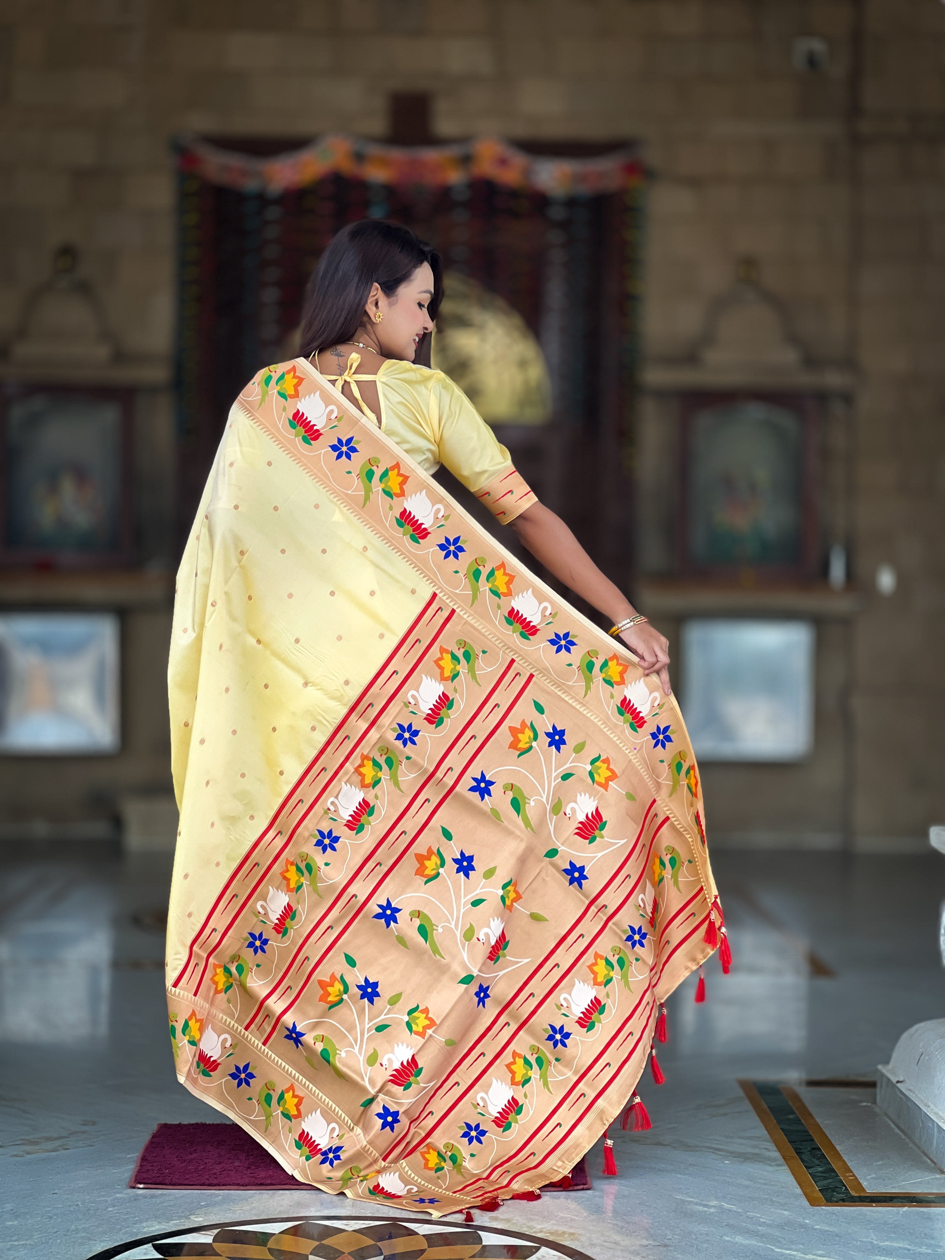 Cream Wedding Wear Soft Paithani Silk Saree