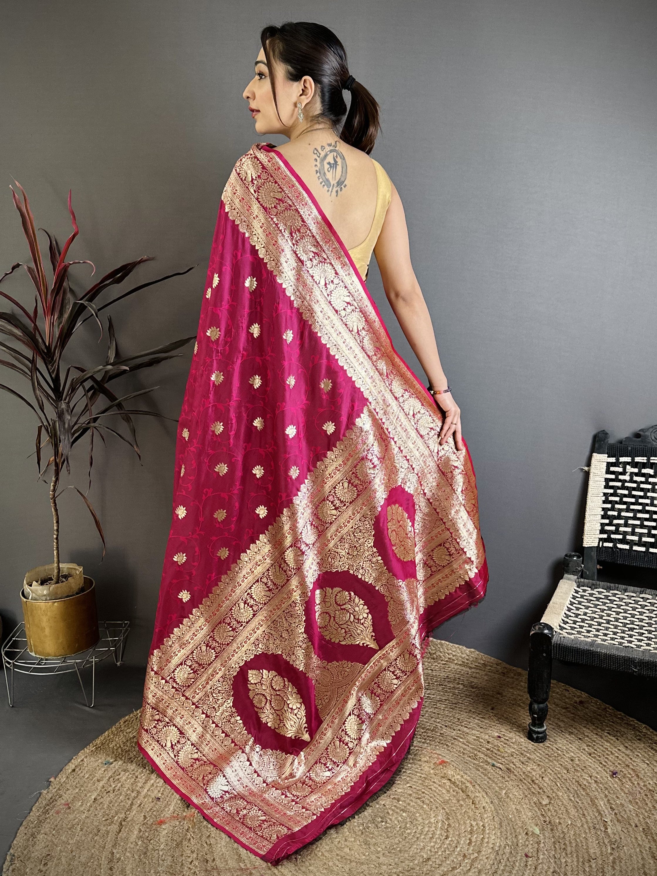 Dark Pink Pure Banarasi Silk Saree