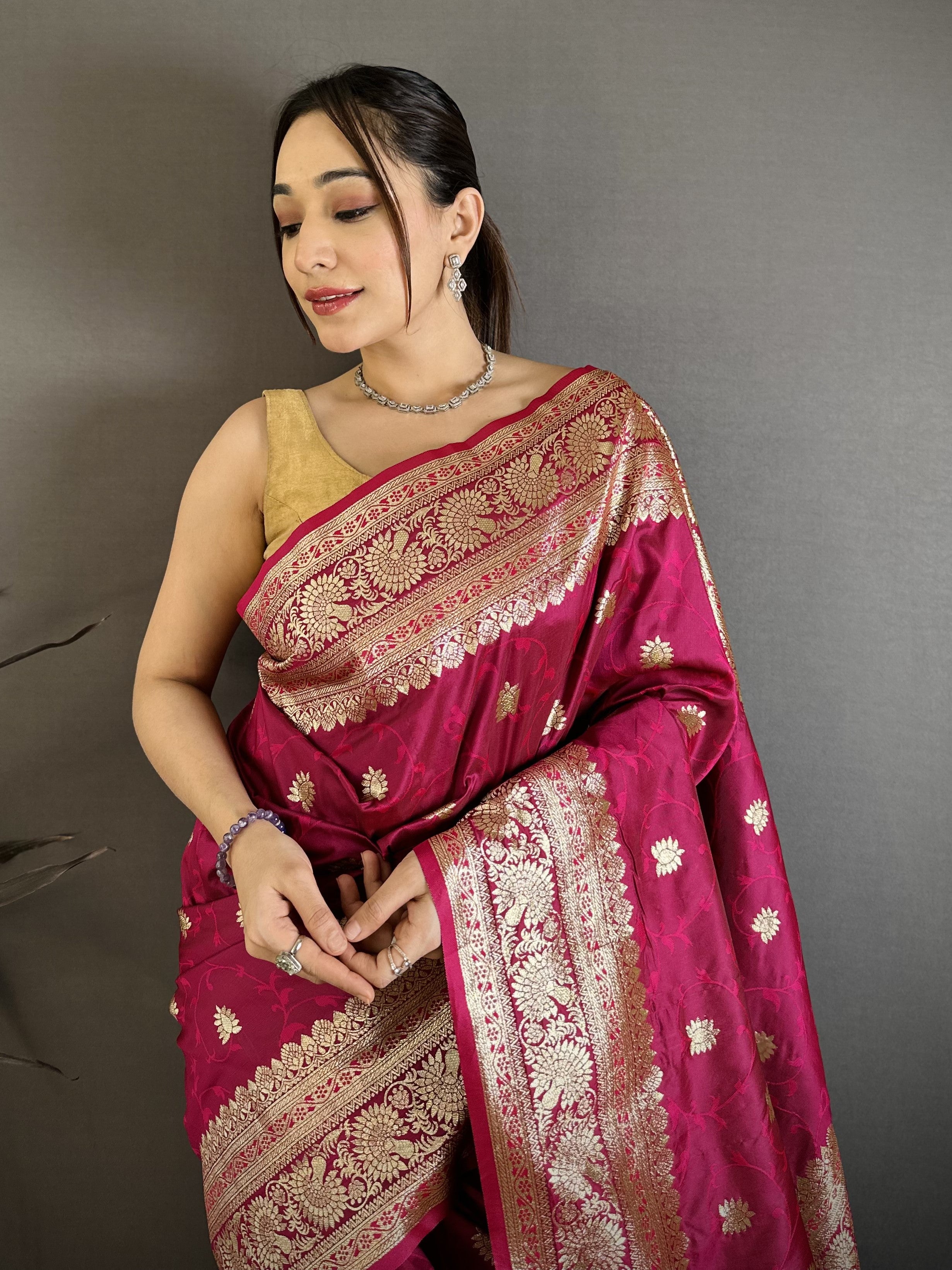 Dark Pink Pure Banarasi Silk Saree