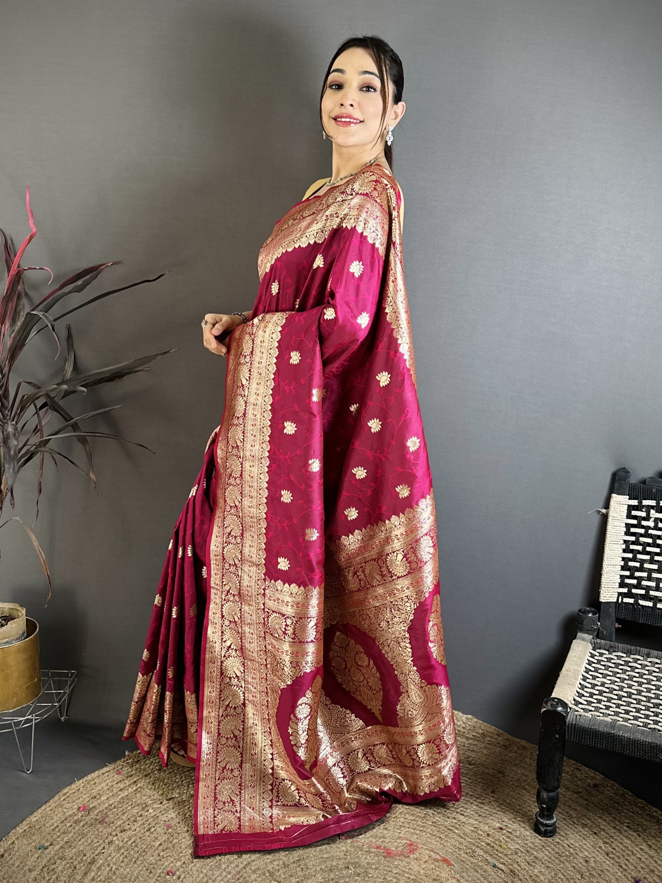 Dark Pink Pure Banarasi Silk Saree