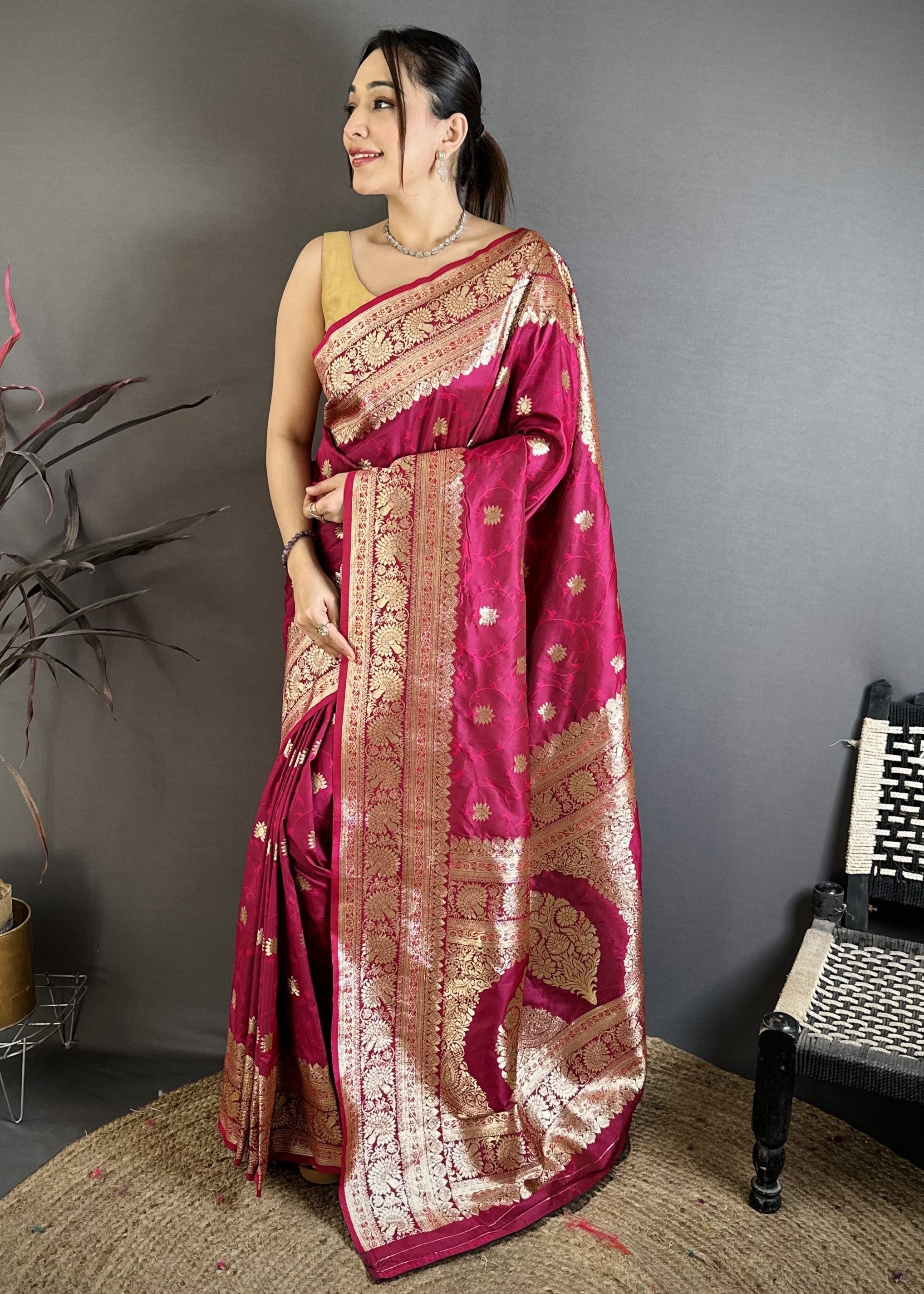 Dark Pink Pure Banarasi Silk Saree