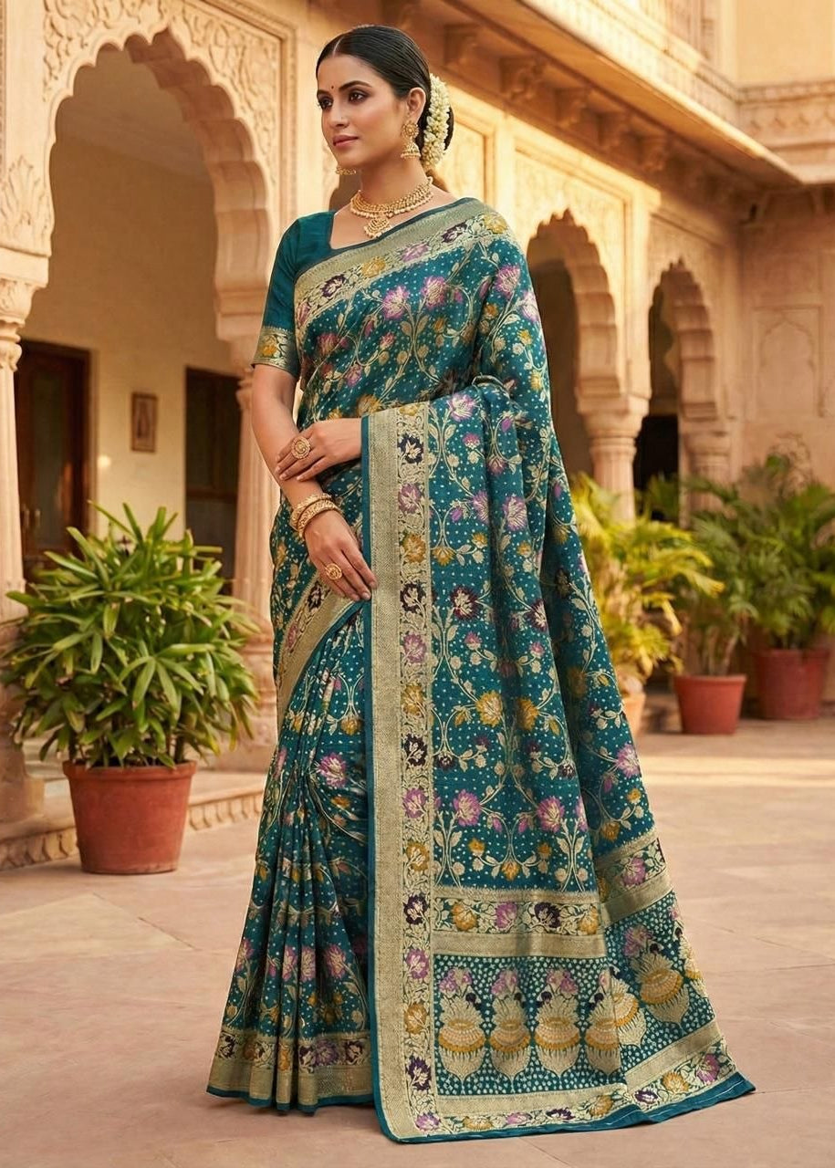 Dark Teal Traditional Banarasi Silk Saree