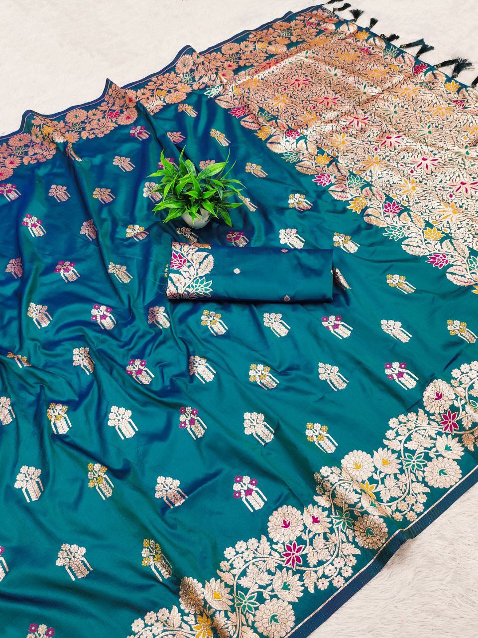 Deep Aqua Soft Banarasi Silk Saree