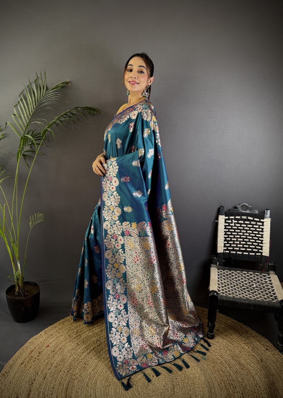 Deep Aqua Soft Banarasi Silk Saree