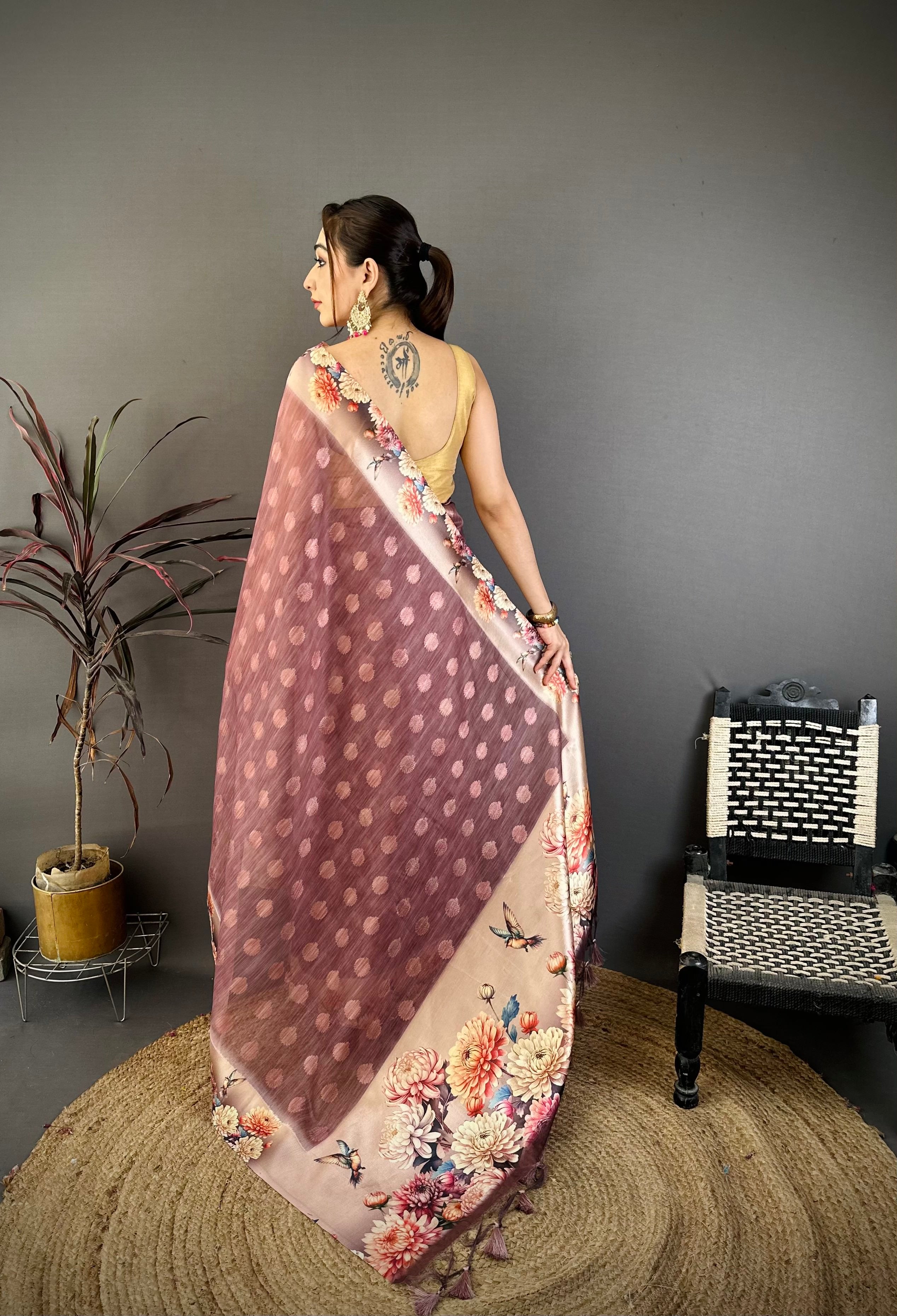 Deep Coffee Designer Cotton Saree