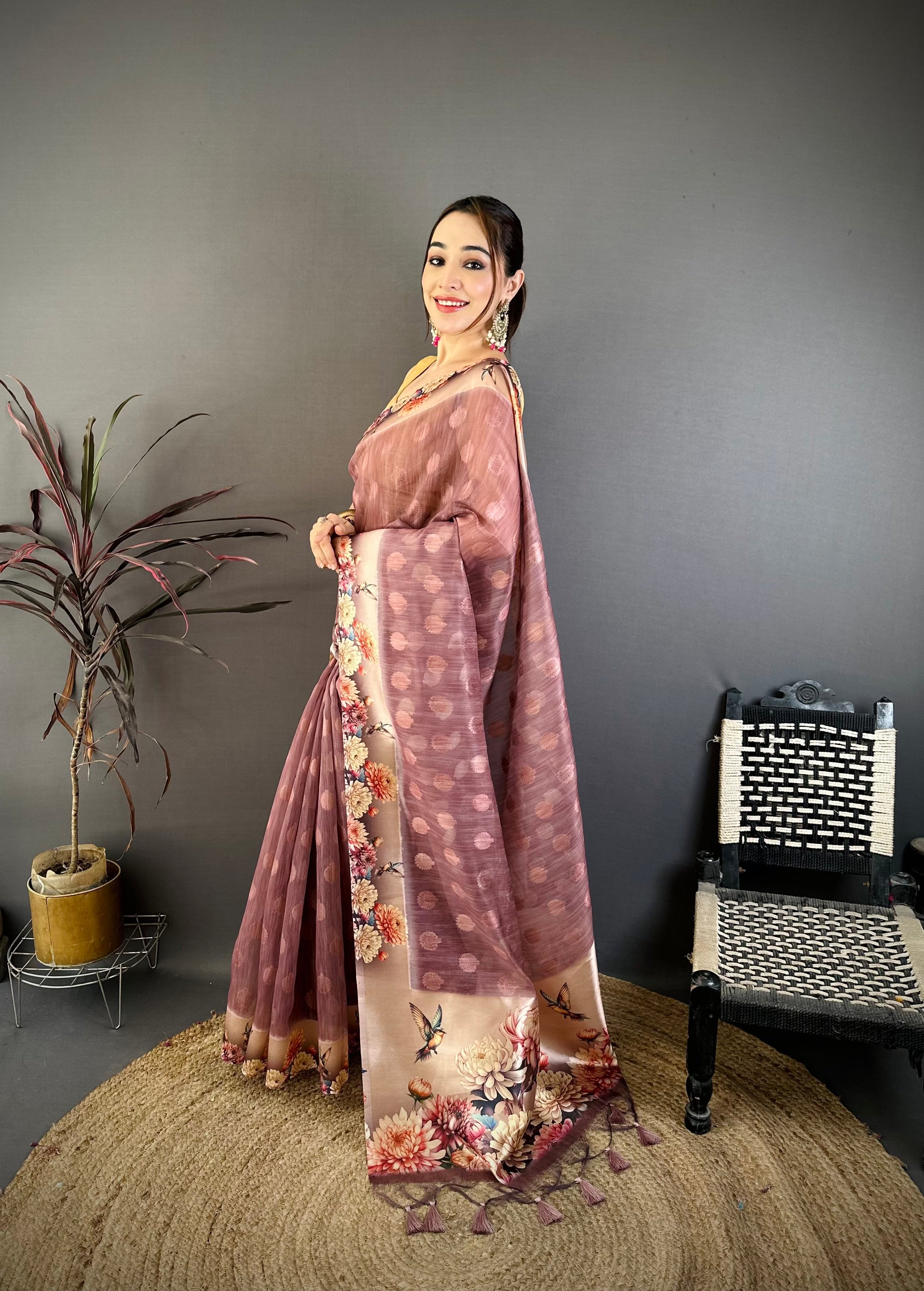 Deep Coffee Designer Cotton Saree