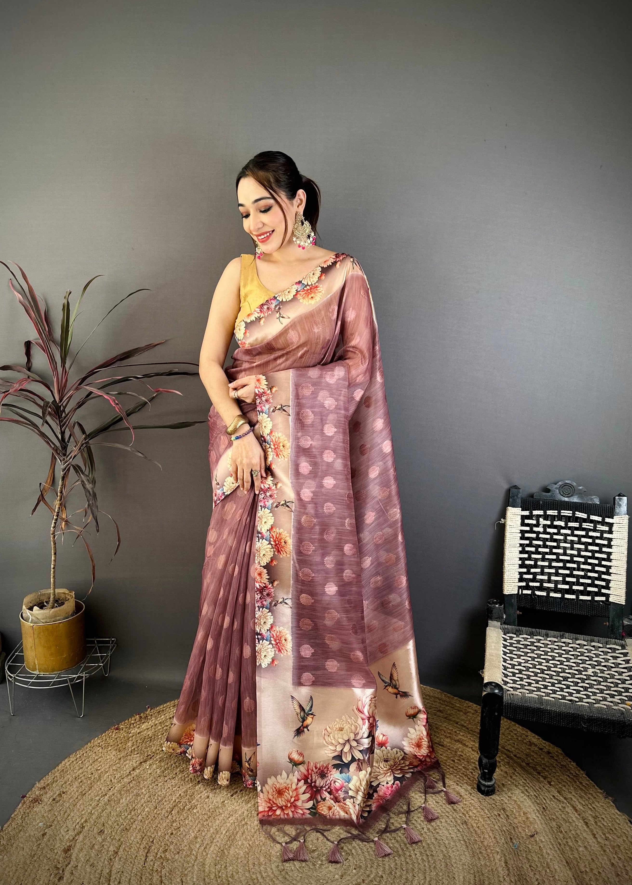Deep Coffee Designer Cotton Saree