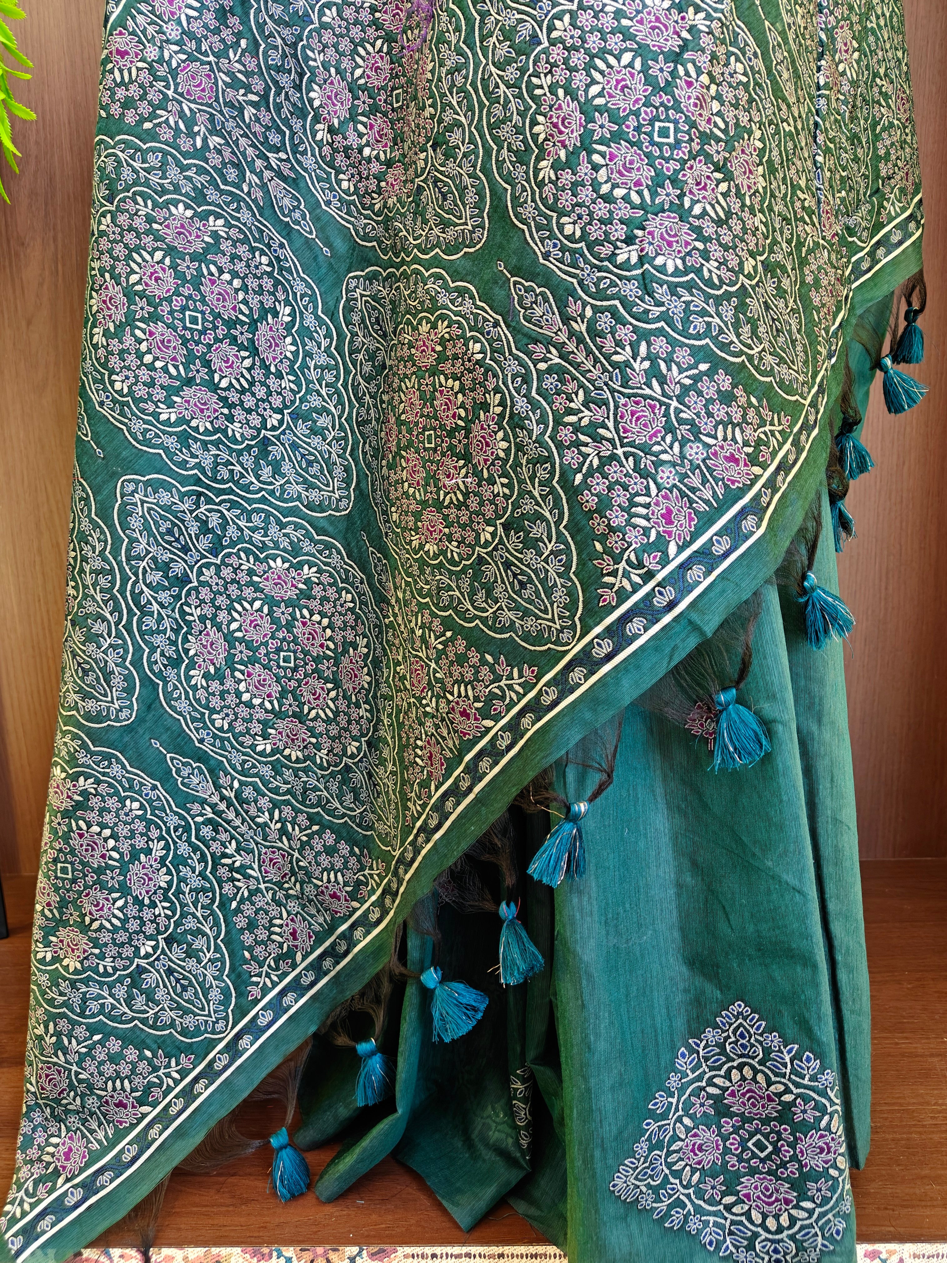 Deep Sea Green Resham Woven Muga Cotton Saree