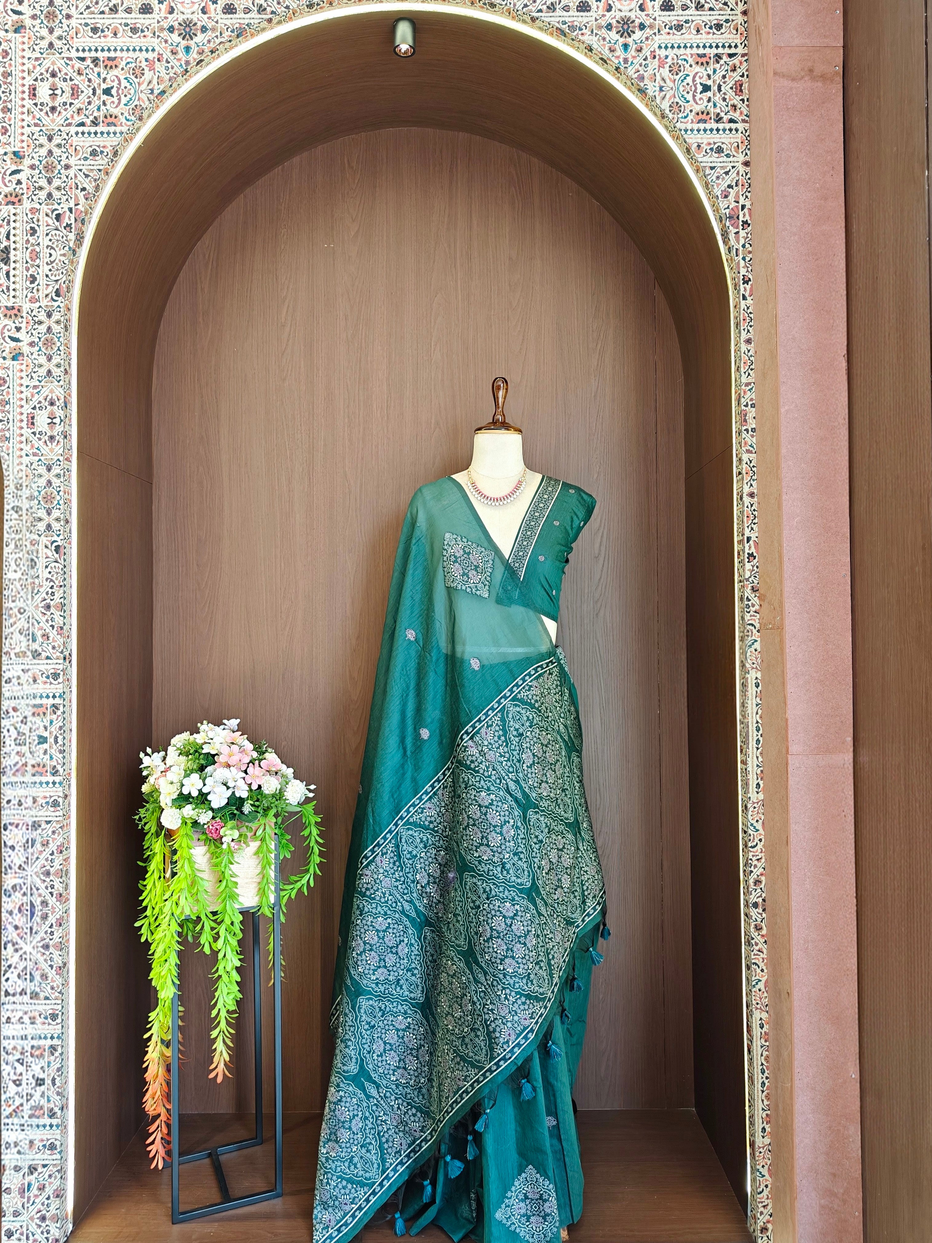 Deep Sea Green Resham Woven Muga Cotton Saree