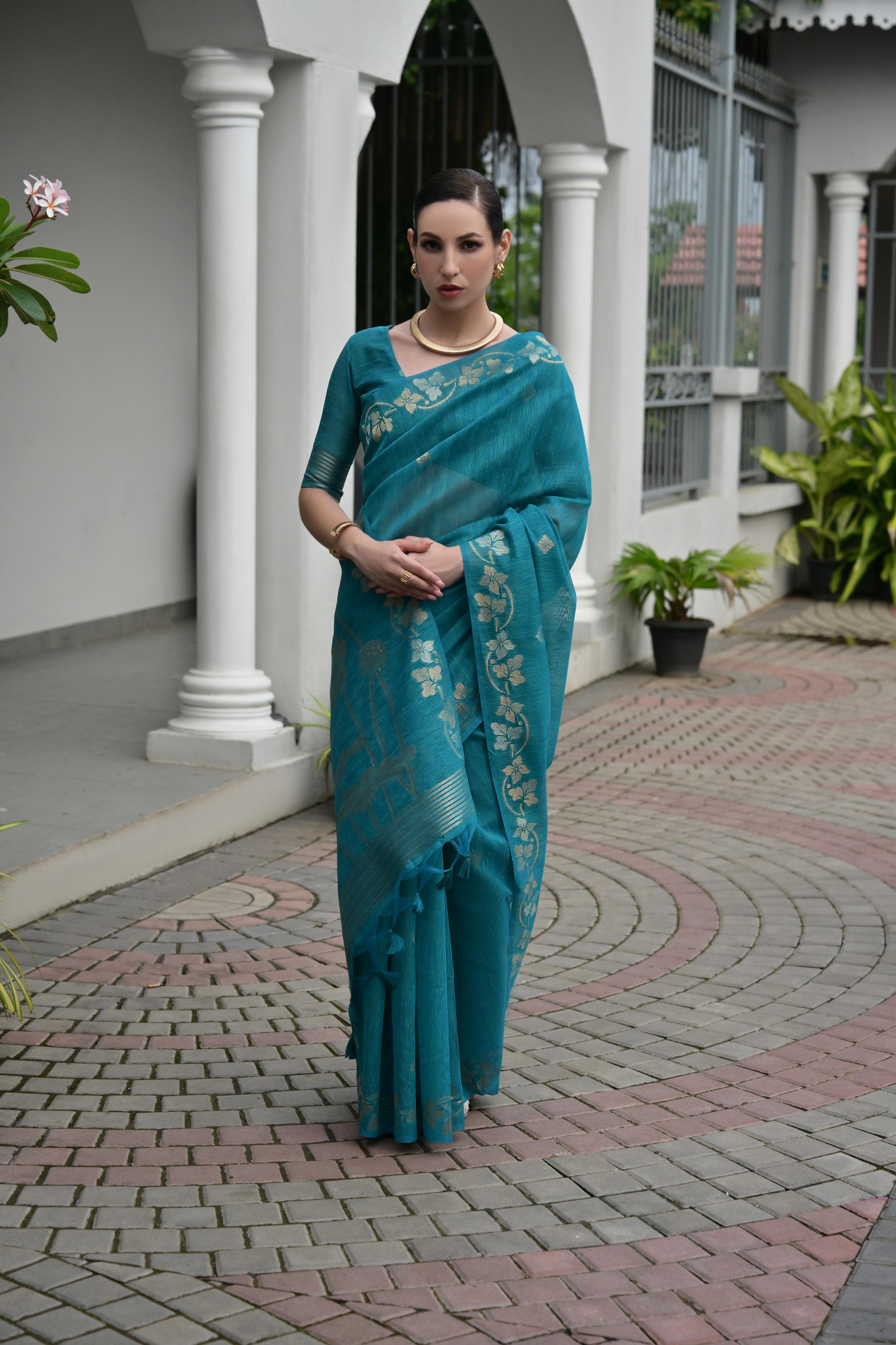 Deep Teal Jute Linen Silk Saree