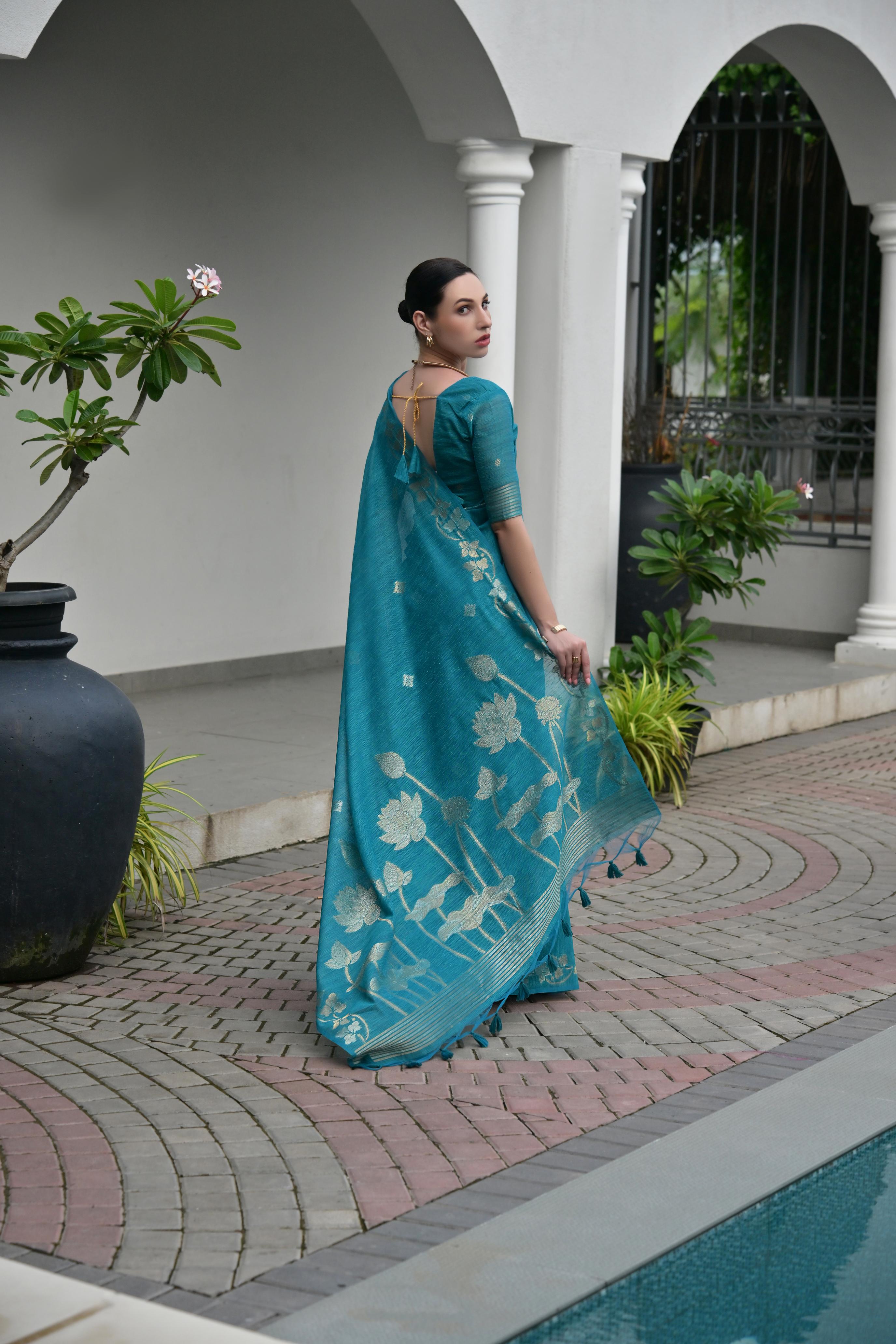 Deep Teal Jute Linen Silk Saree