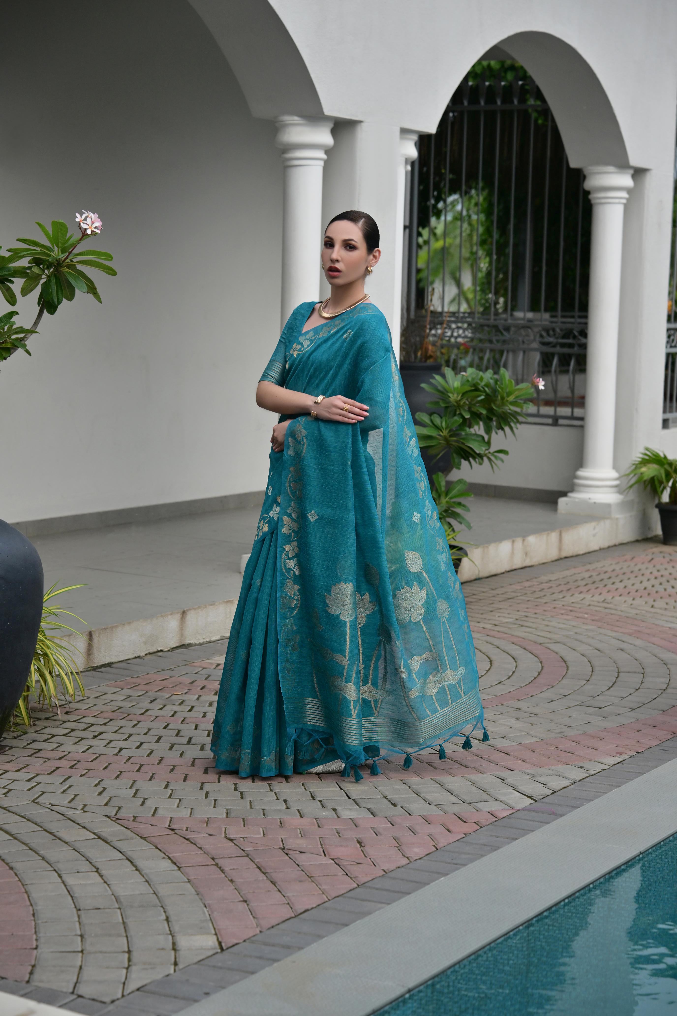 Deep Teal Jute Linen Silk Saree