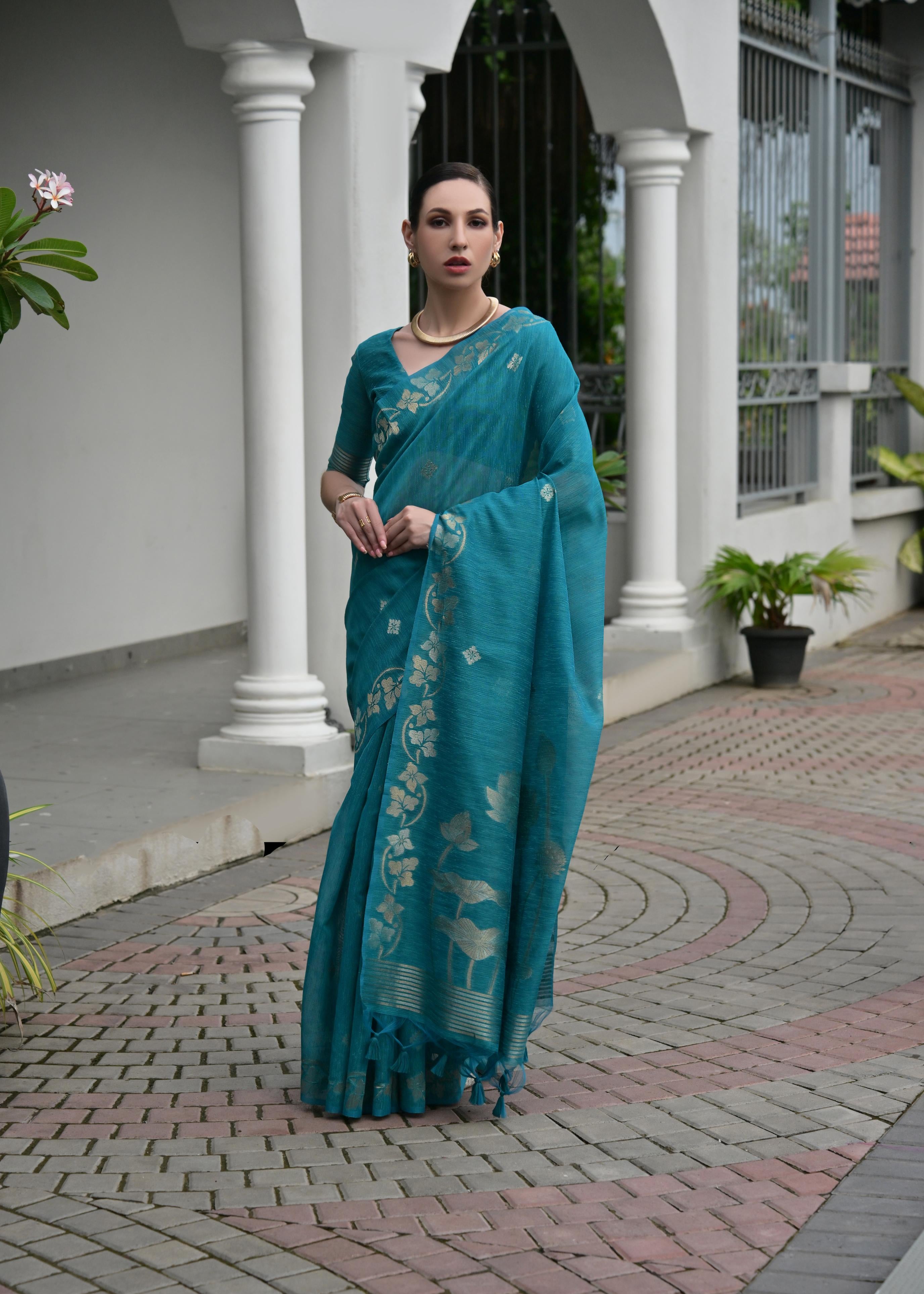 Deep Teal Jute Linen Silk Saree