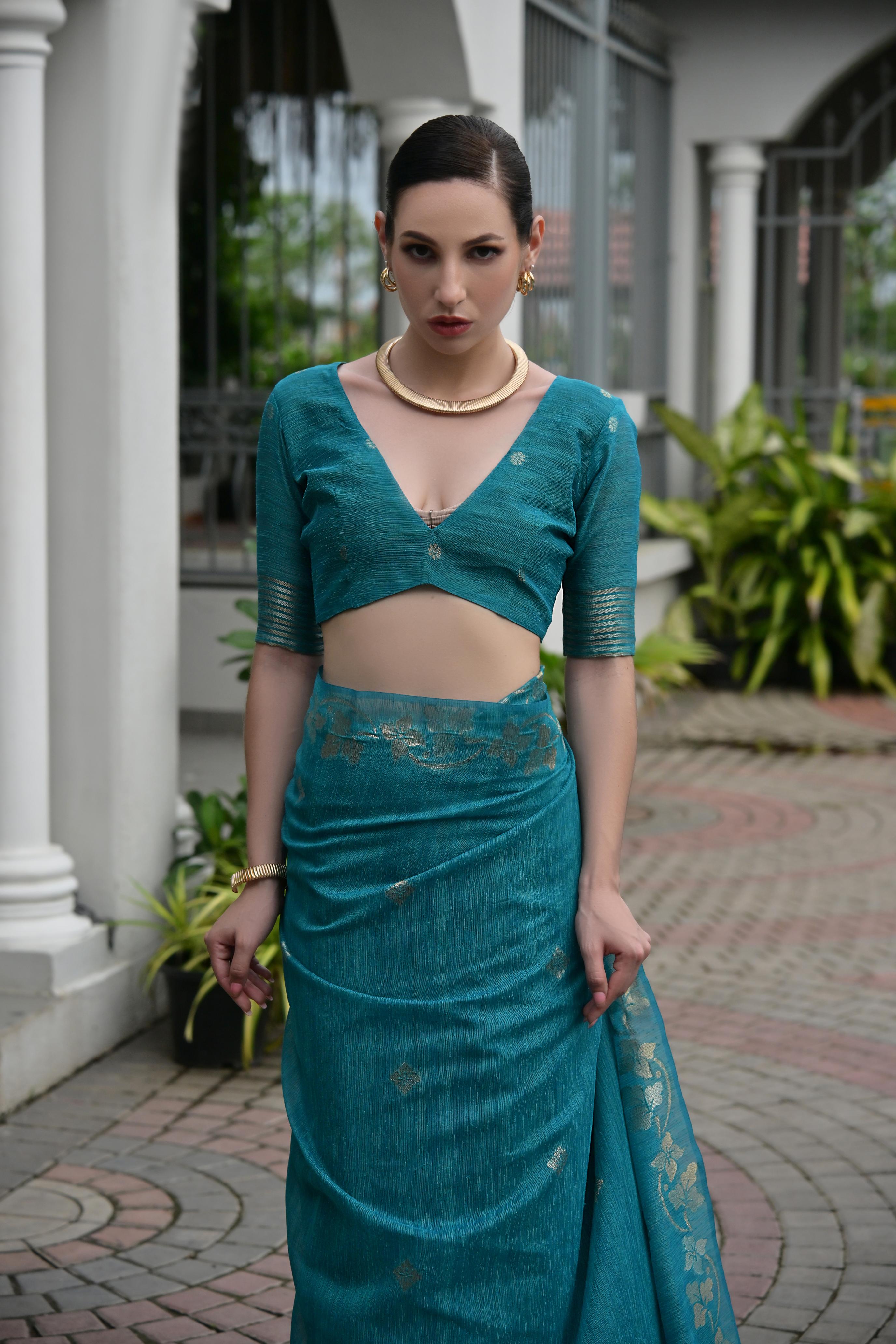 Deep Teal Jute Linen Silk Saree