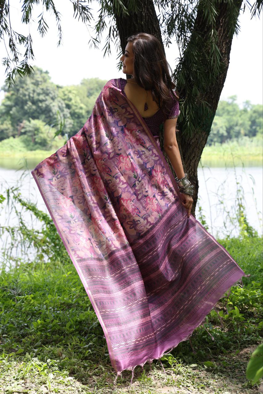 Designer Printed Soft Tussar Silk Saree