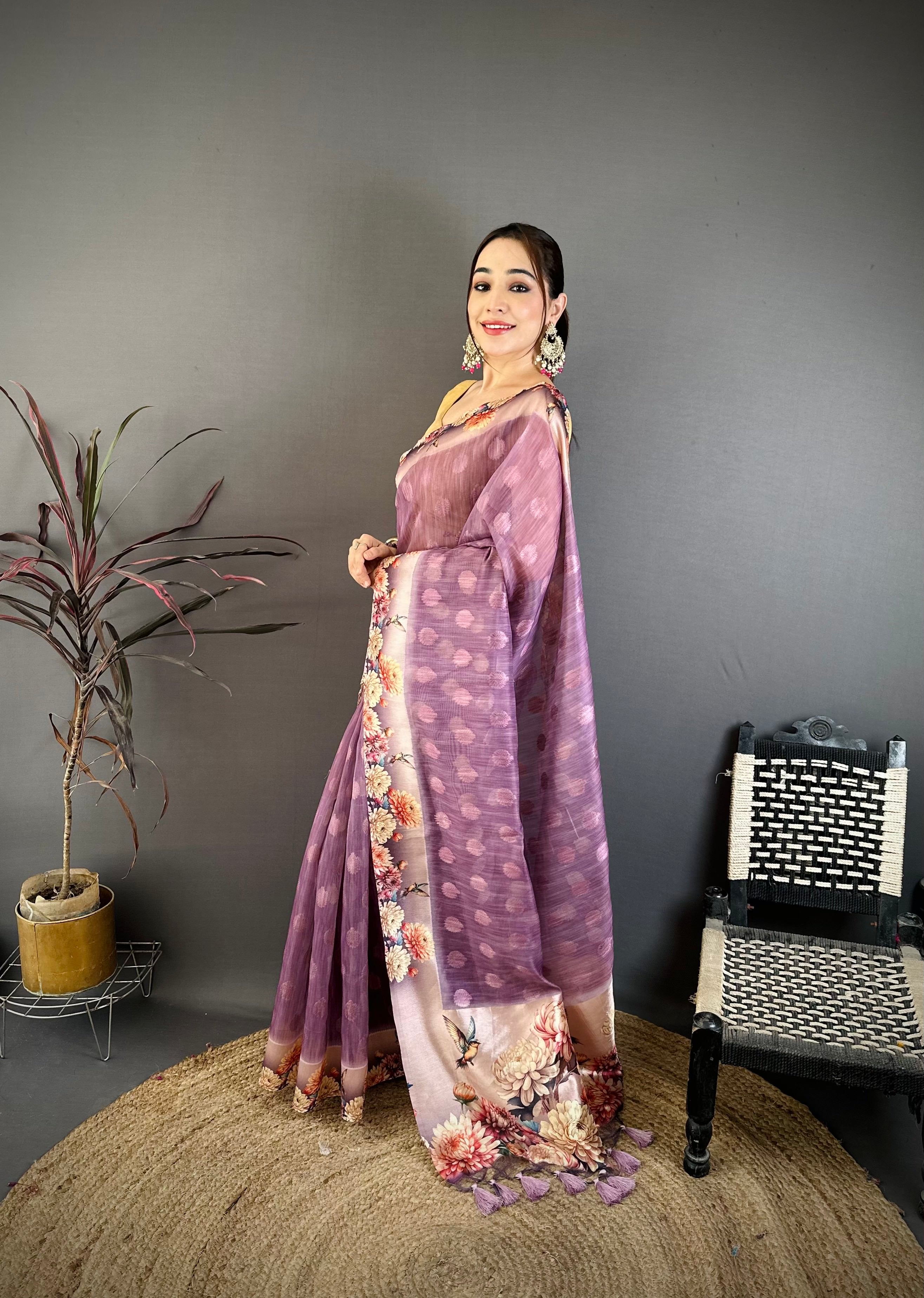 Dirty Purple Designer Cotton Saree