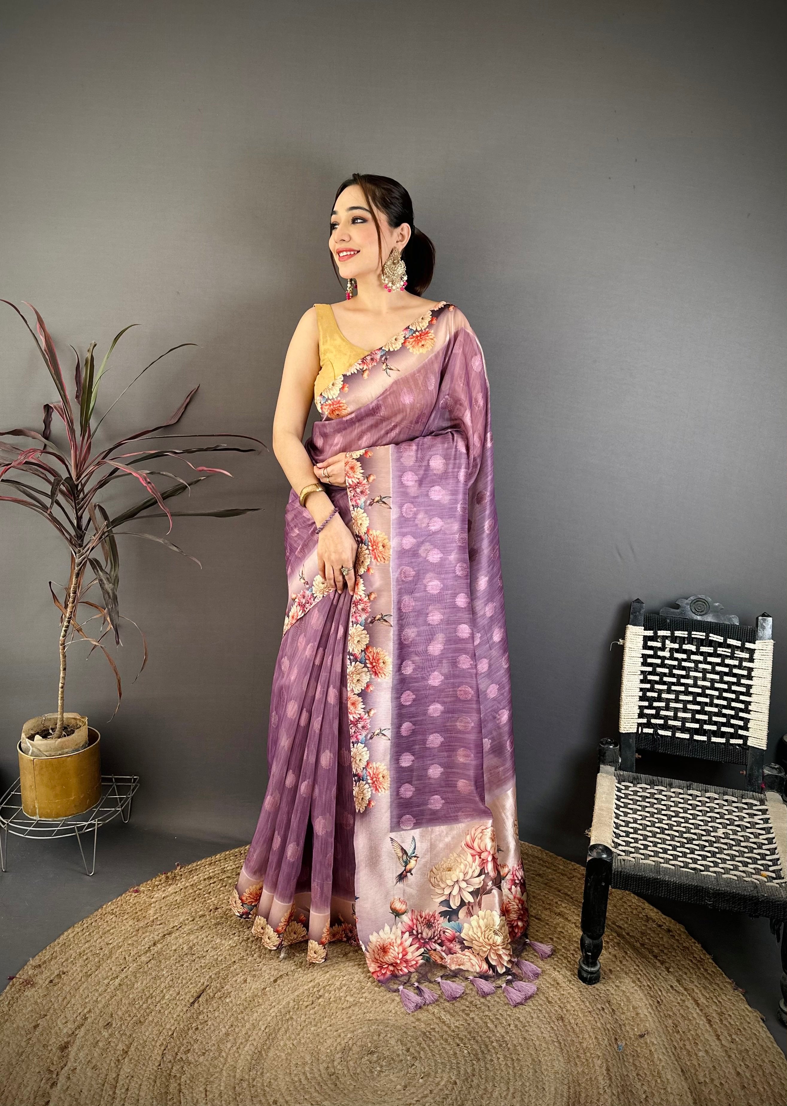 Dirty Purple Designer Cotton Saree