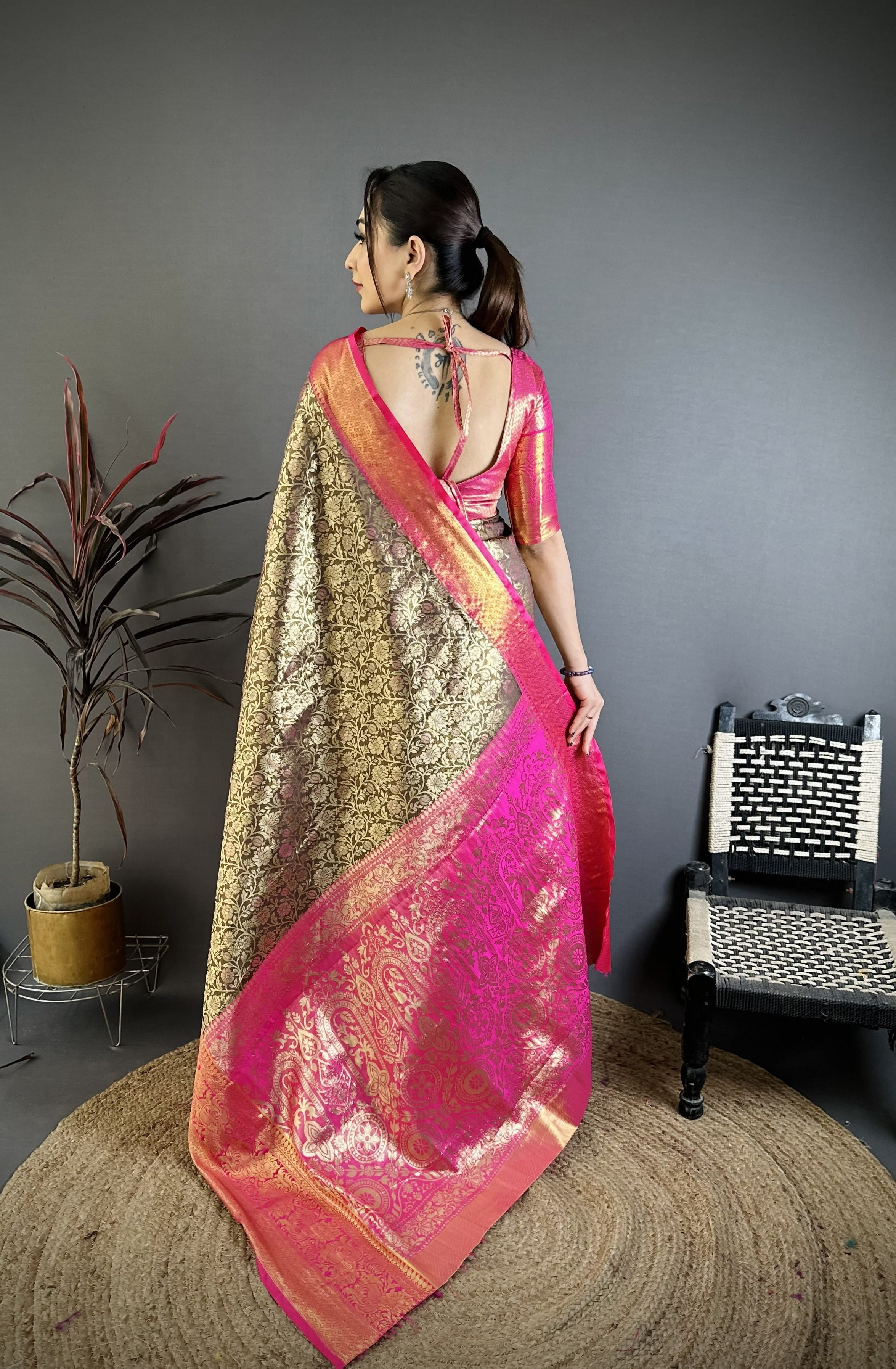 Dull Brown Kanjivaram Silk Saree
