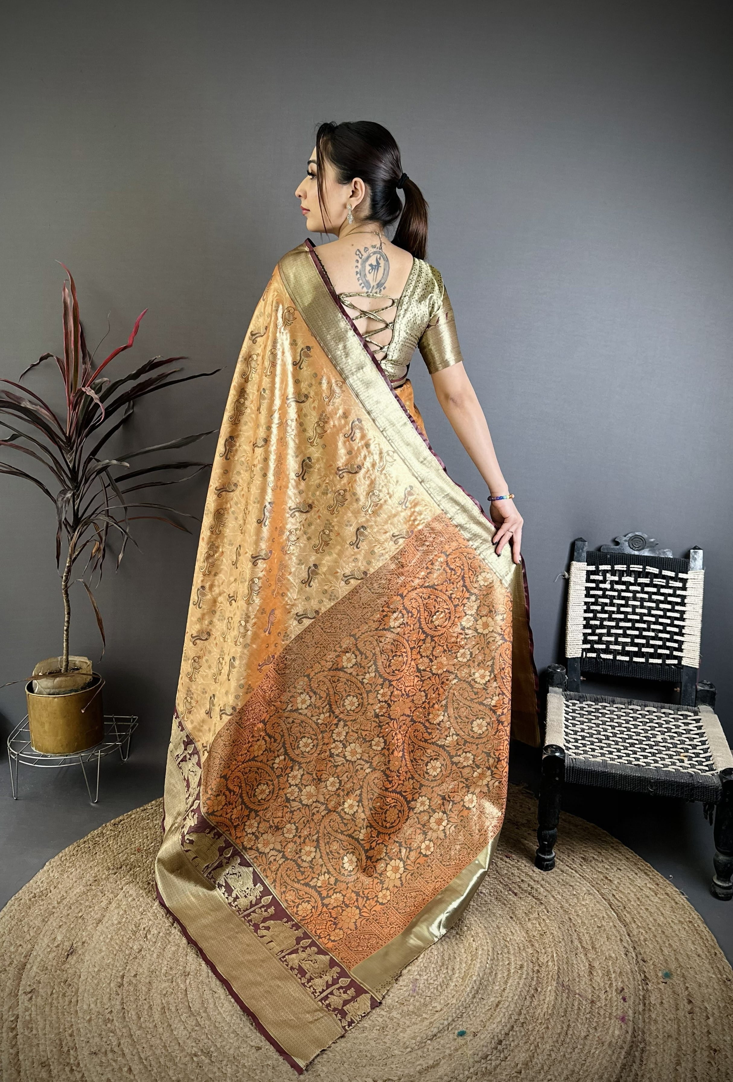 Dull Orange & Brown Peacock Kanjivaram Silk Saree