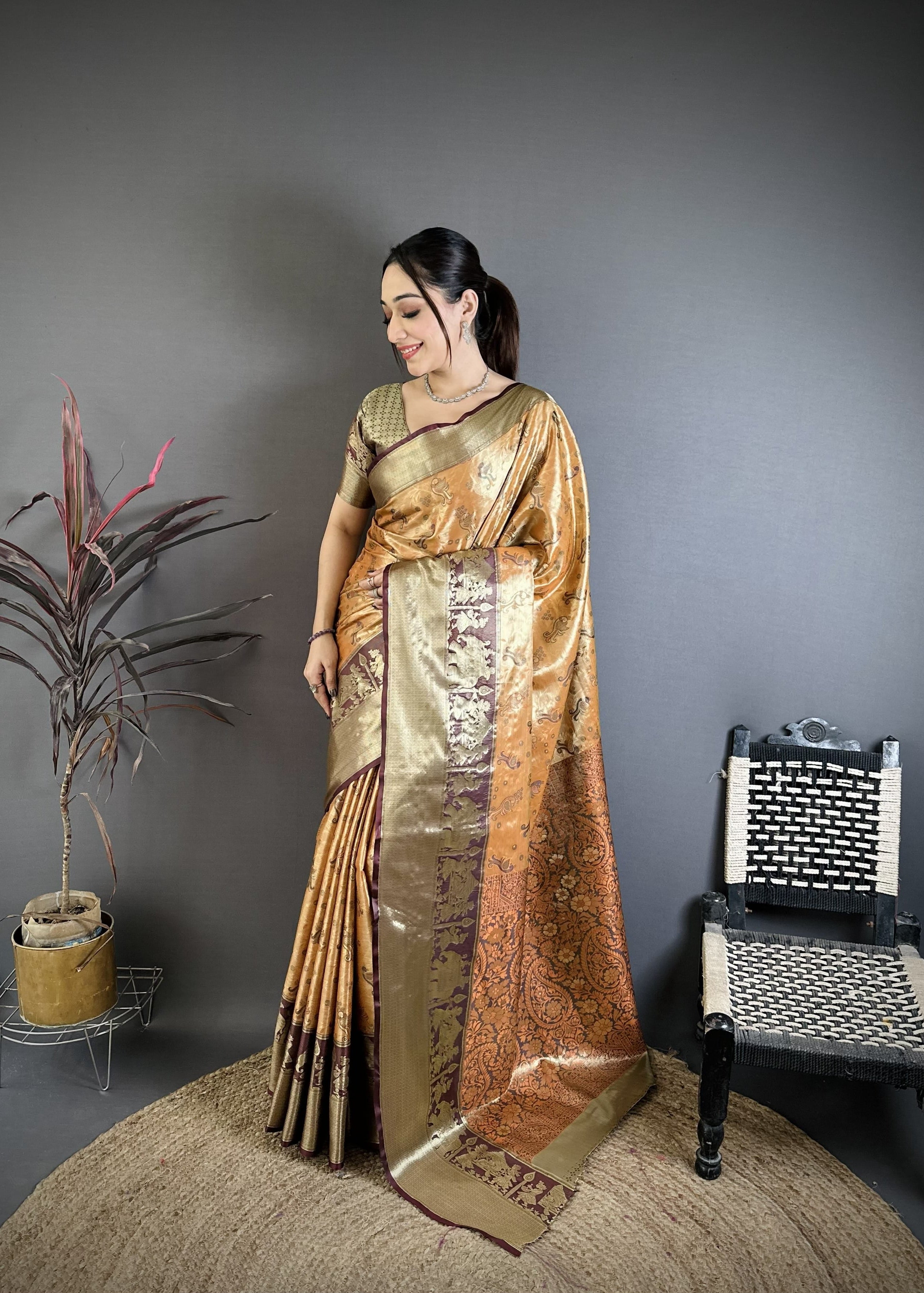 Dull Orange & Brown Peacock Kanjivaram Silk Saree