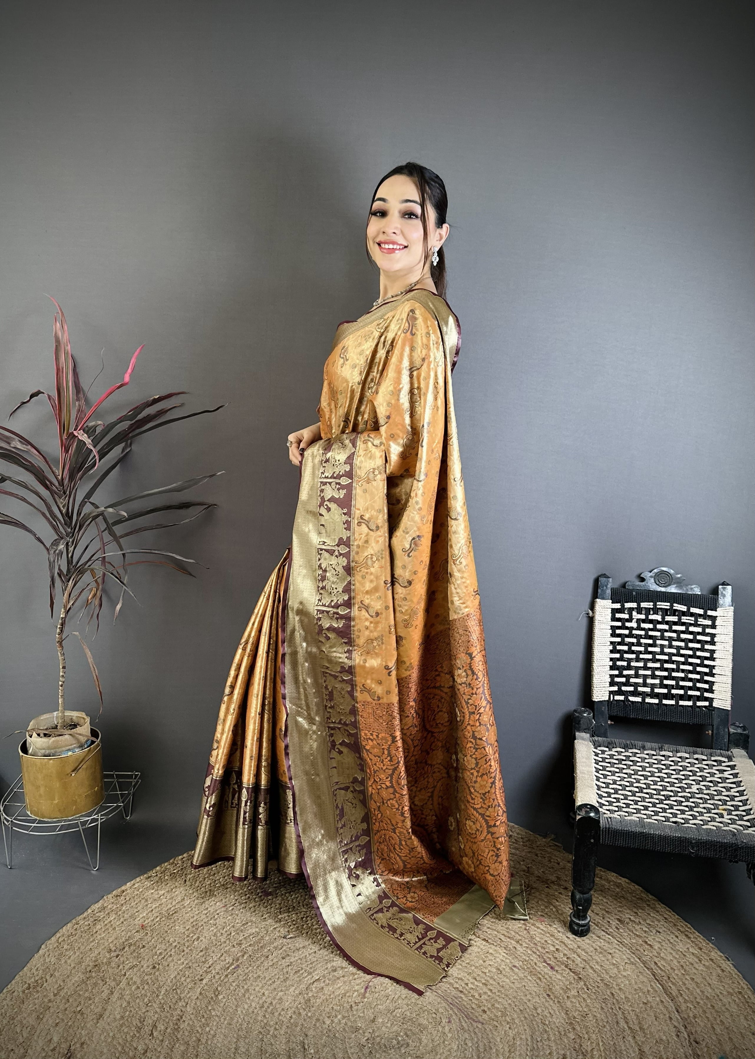 Dull Orange & Brown Peacock Kanjivaram Silk Saree
