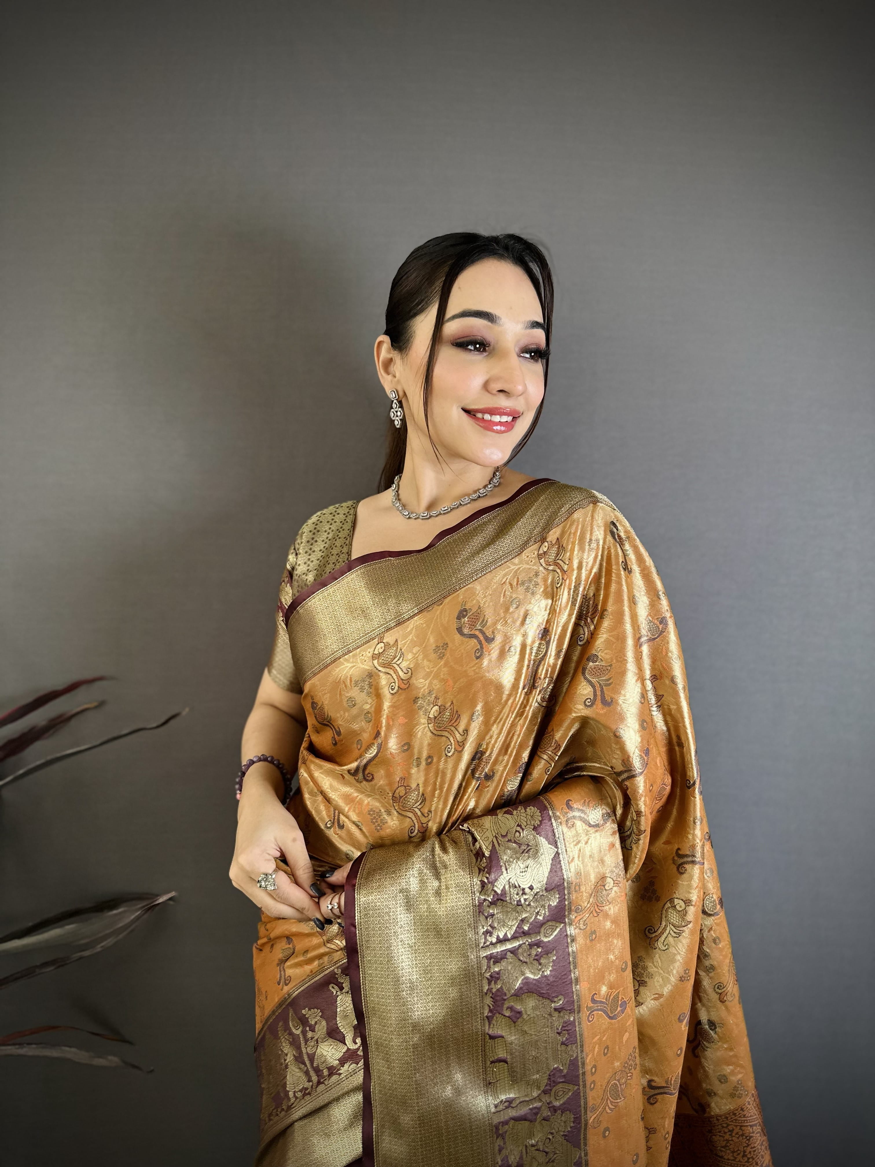Dull Orange & Brown Peacock Kanjivaram Silk Saree