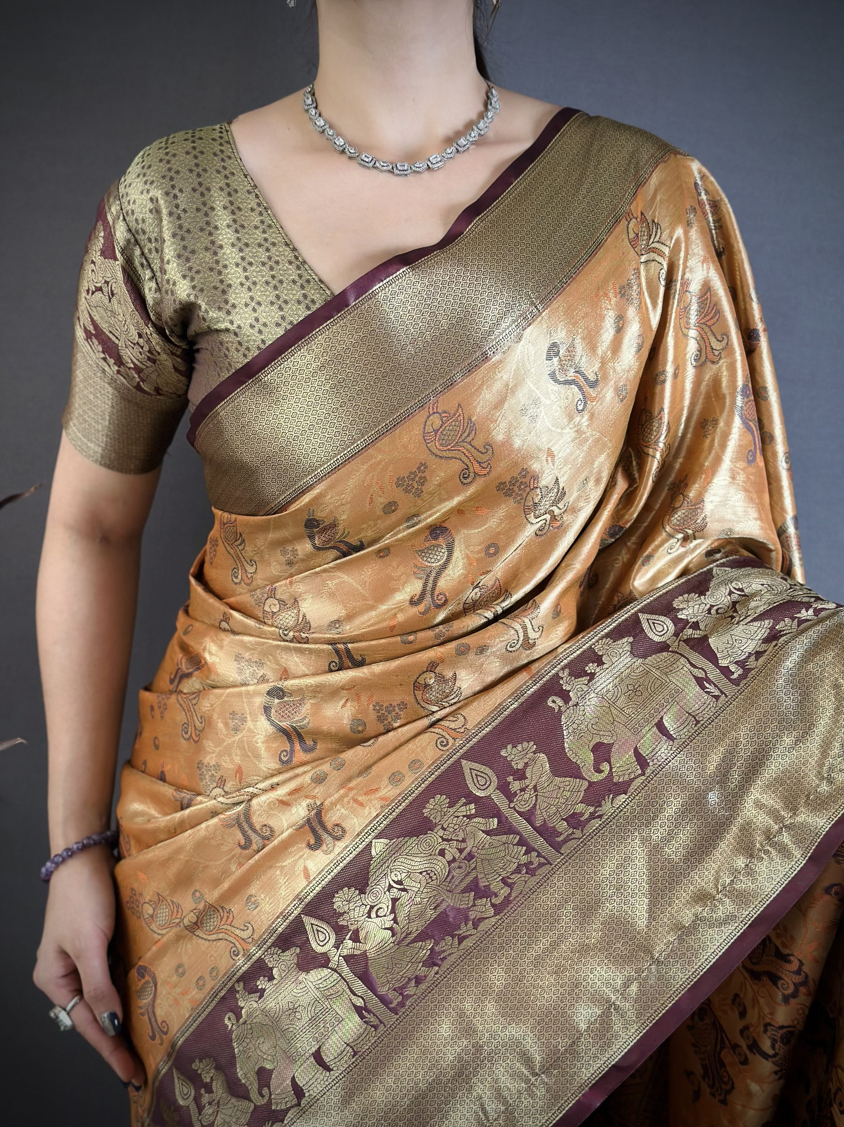 Dull Orange & Brown Peacock Kanjivaram Silk Saree