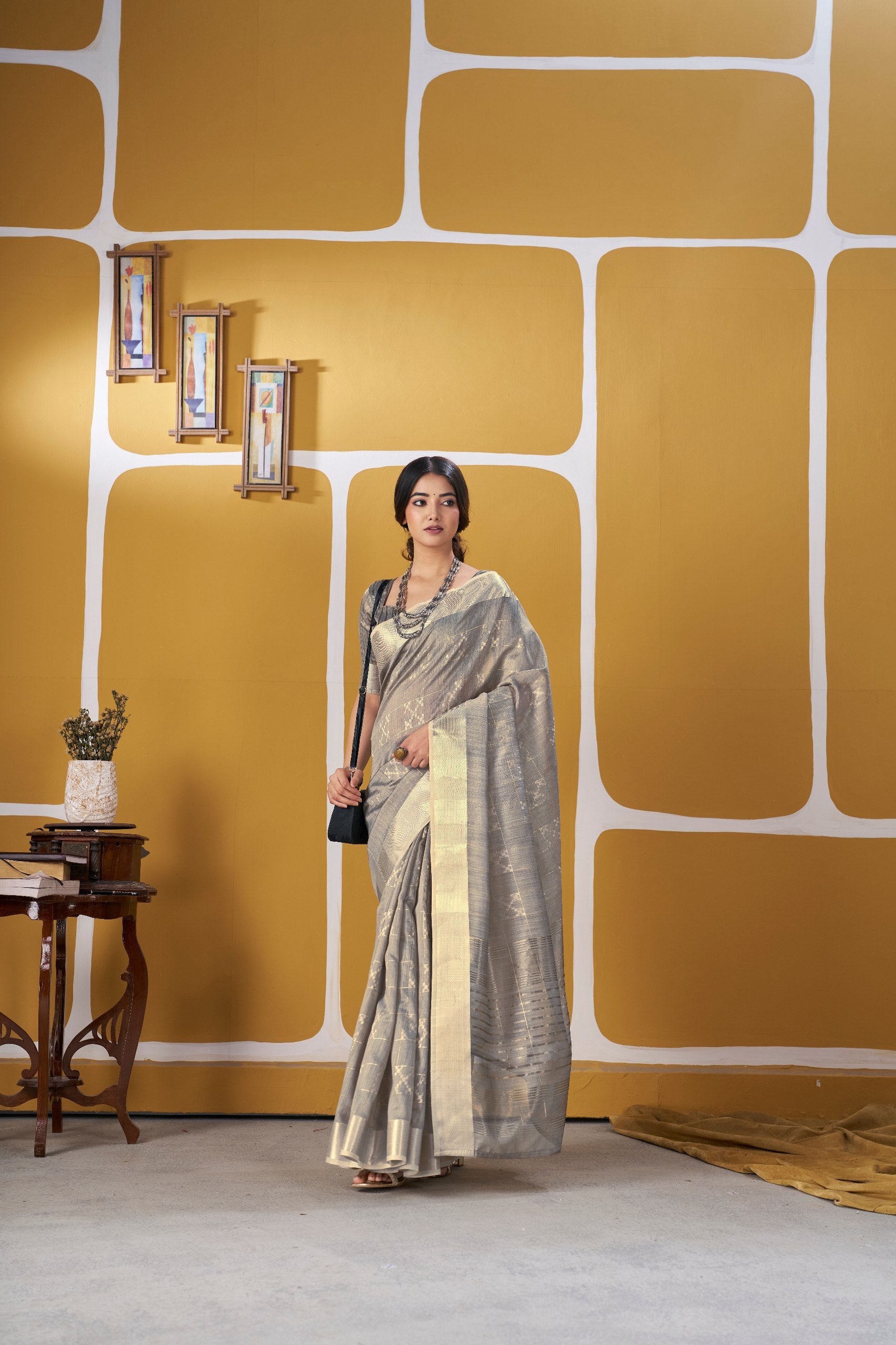 Dusty Gray Soft Linen Cotton Silk Saree