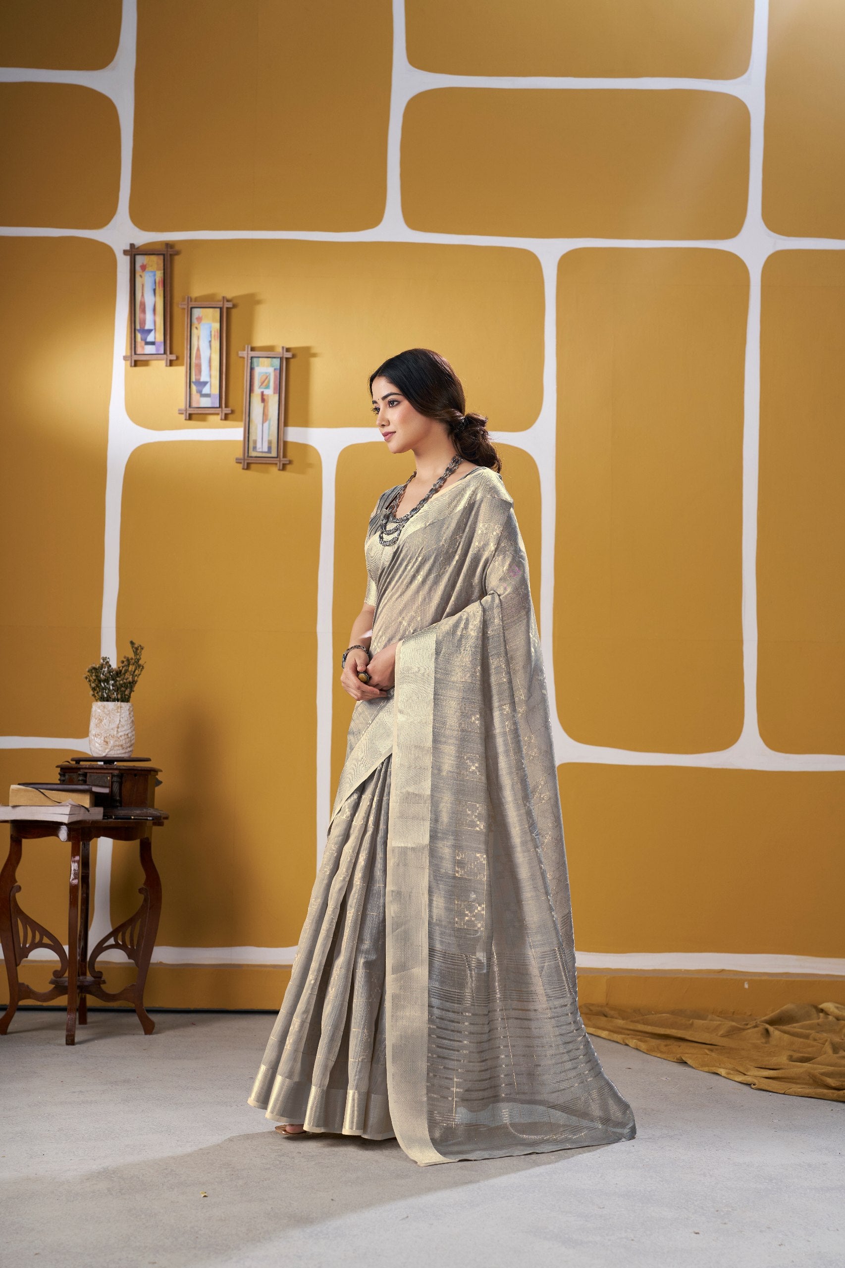 Dusty Gray Soft Linen Cotton Silk Saree