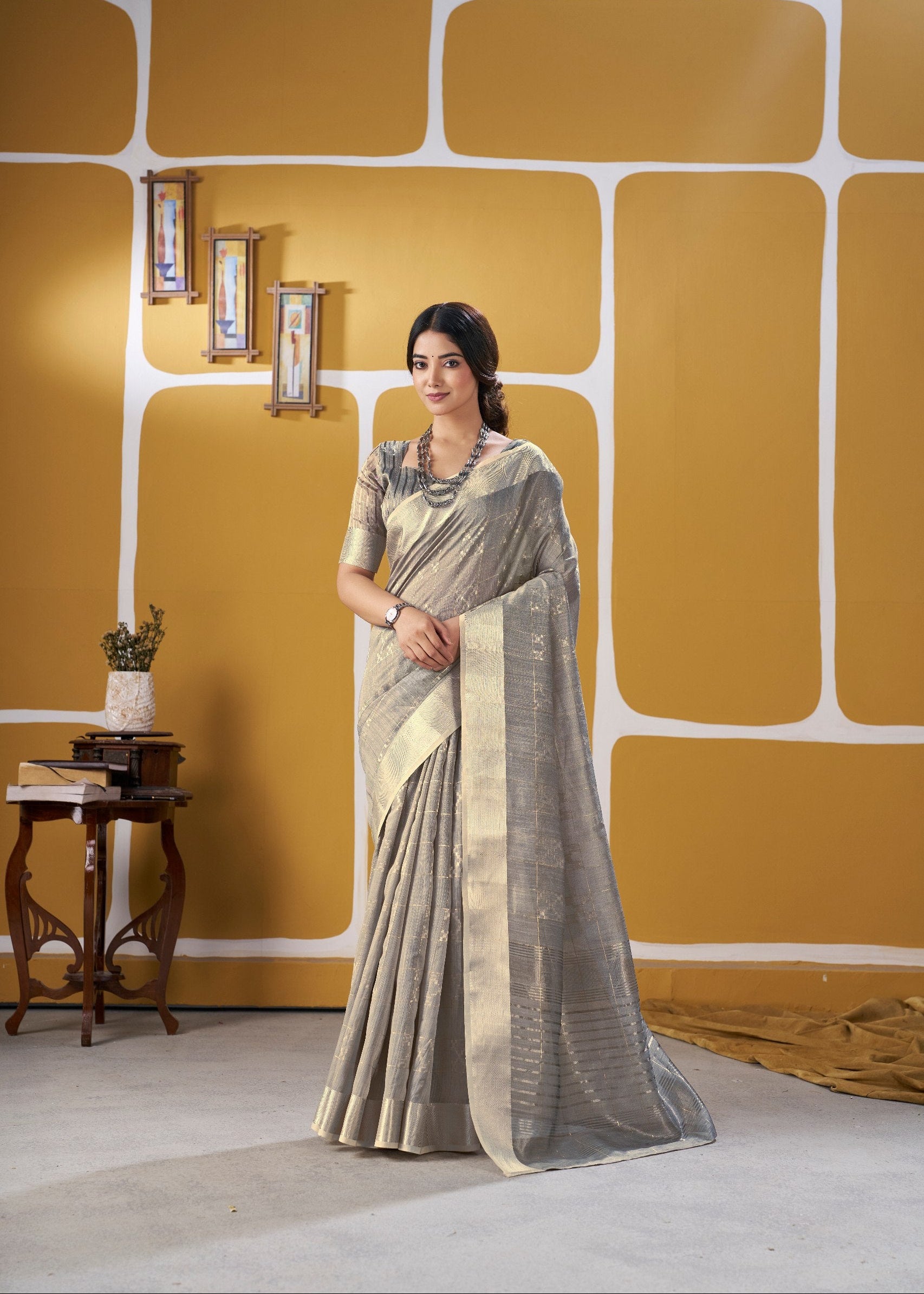 Dusty Gray Soft Linen Cotton Silk Saree