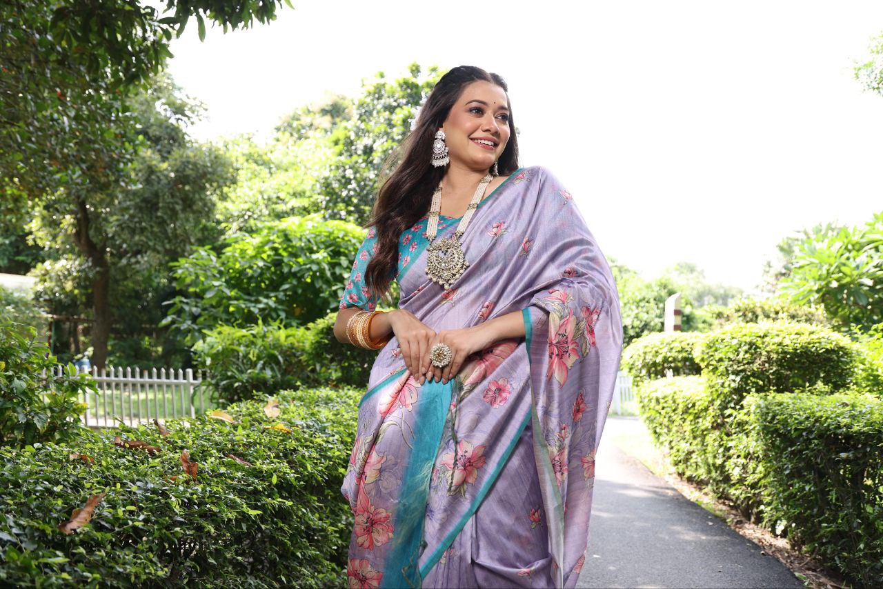 Dusty Lavender Floral Printed Soft Tussar Silk Saree