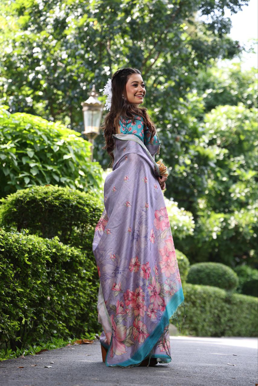 Dusty Lavender Floral Printed Soft Tussar Silk Saree