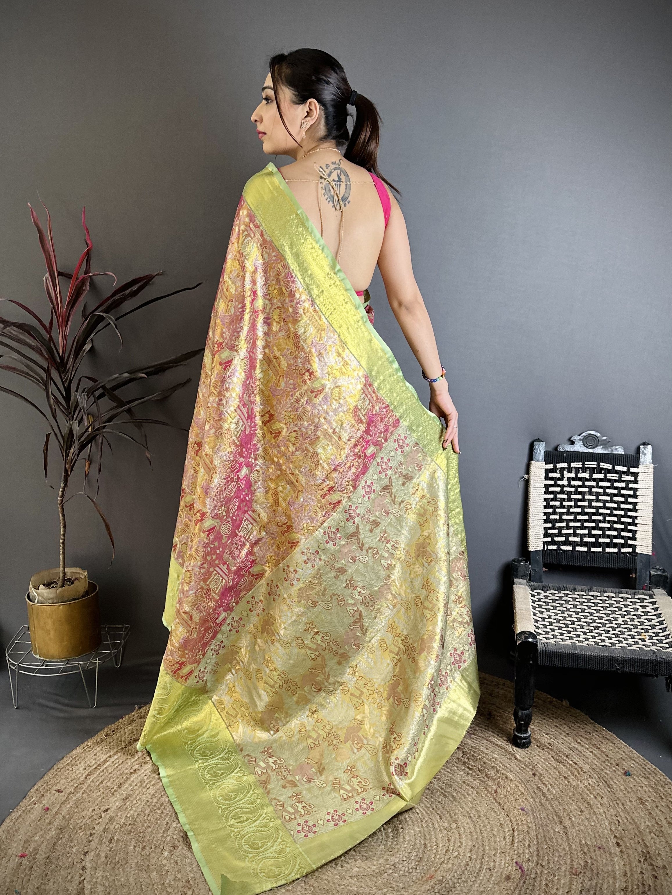 Dusty Pink & Lime Green Bridal Kanjivaram Silk Saree