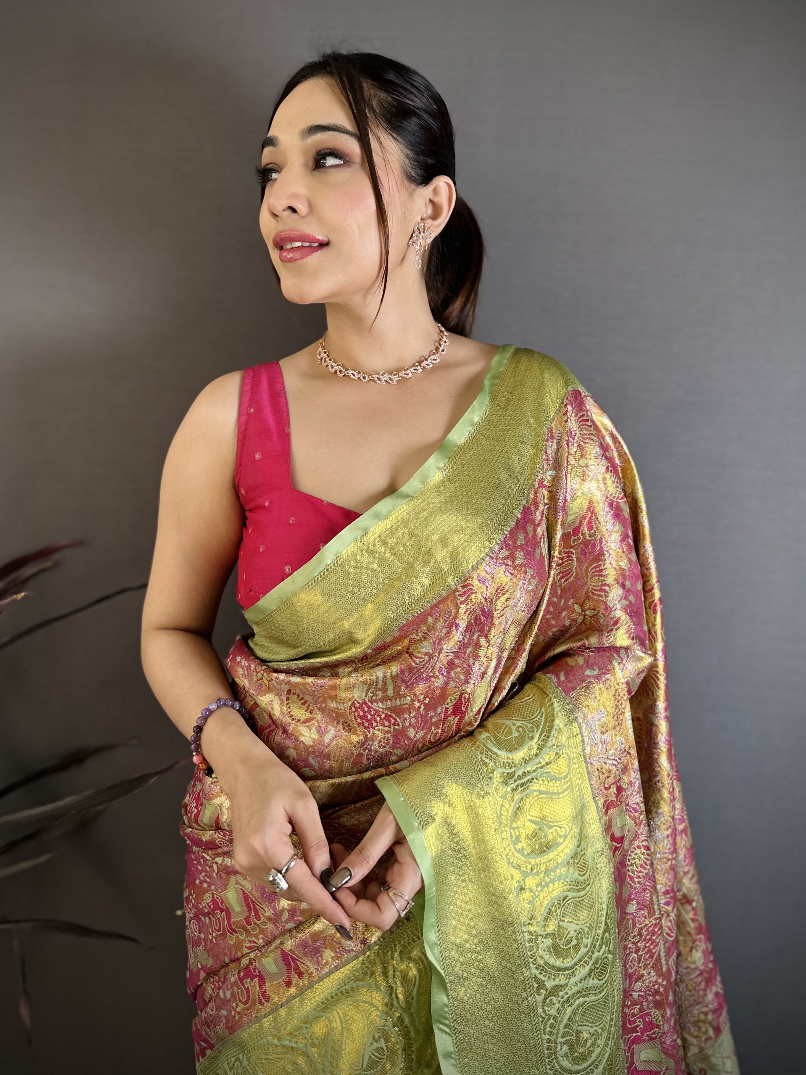 Dusty Pink & Lime Green Bridal Kanjivaram Silk Saree