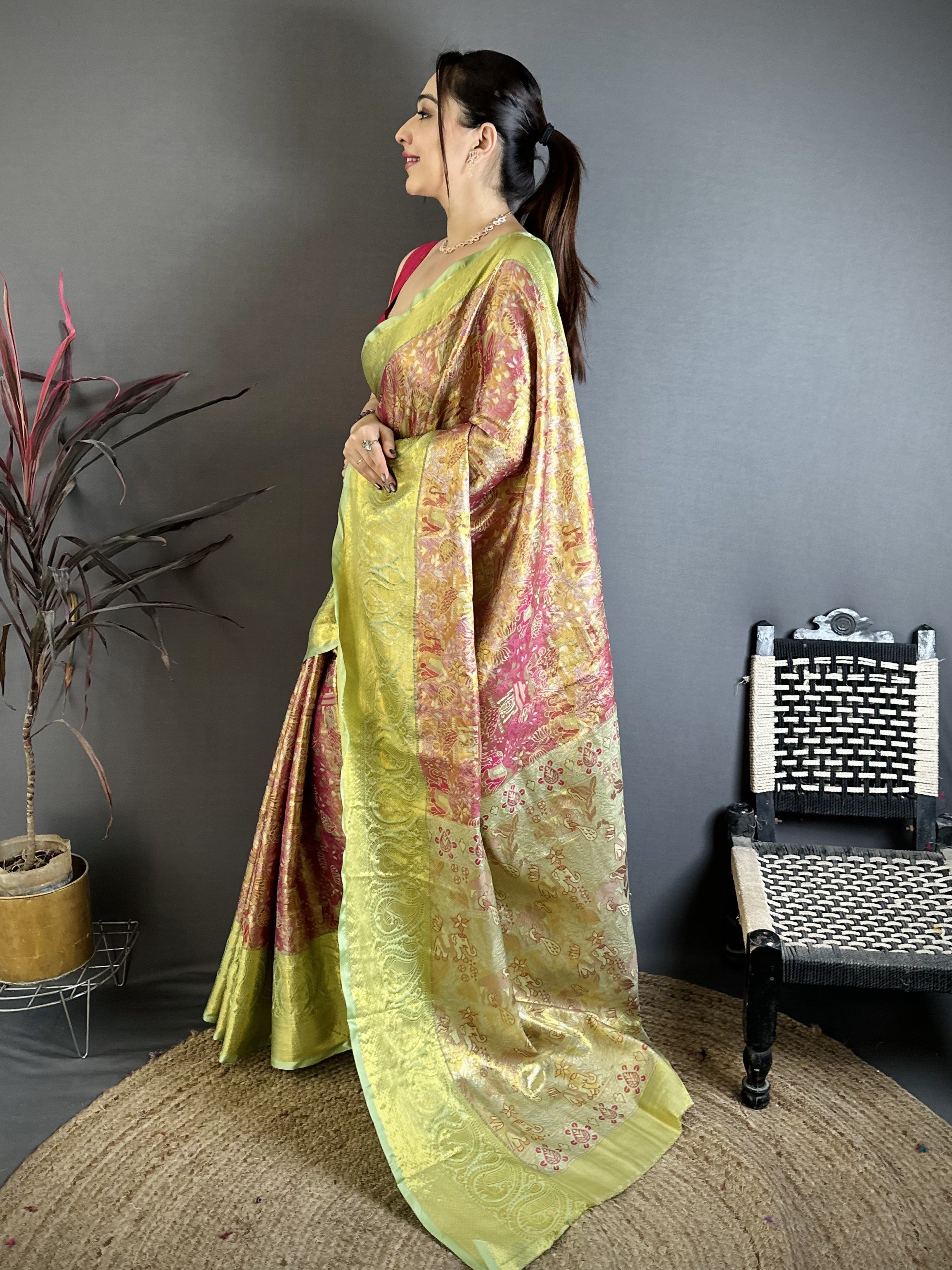 Dusty Pink & Lime Green Bridal Kanjivaram Silk Saree