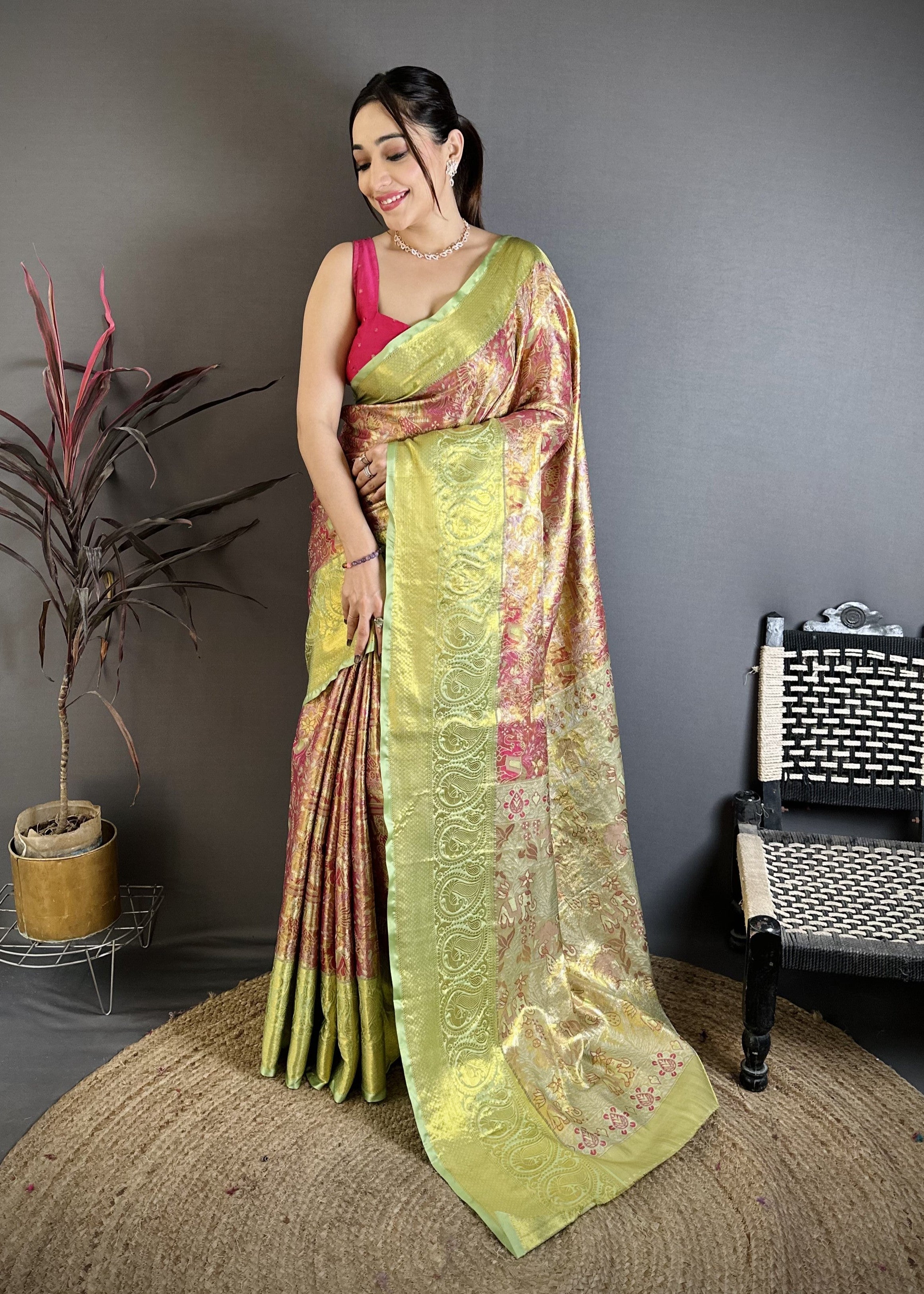 Dusty Pink & Lime Green Bridal Kanjivaram Silk Saree