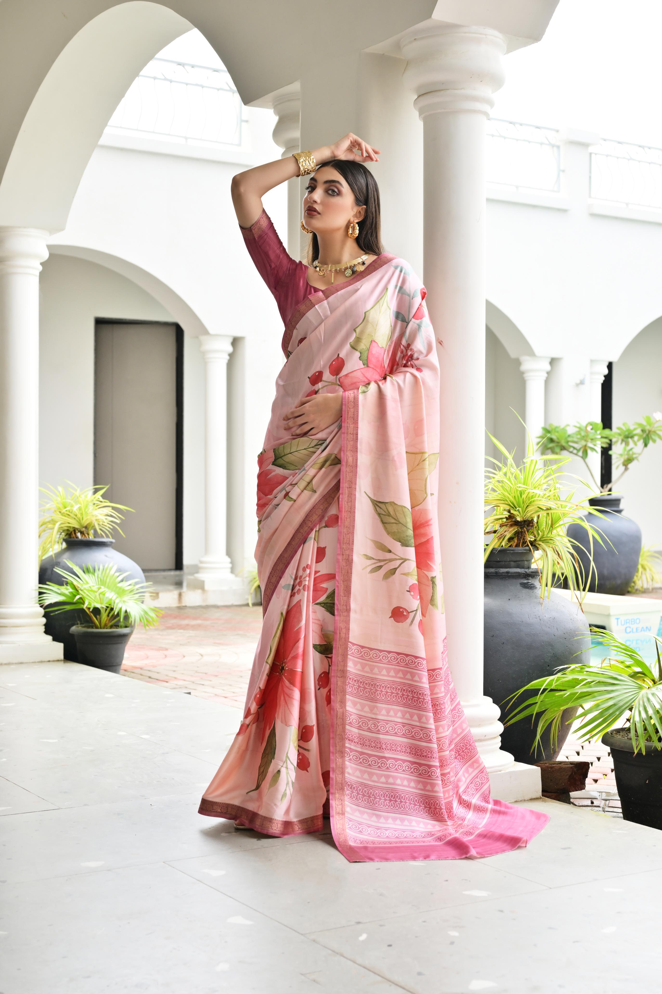 Dusty Pink Stylish Pure Satin Silk Saree
