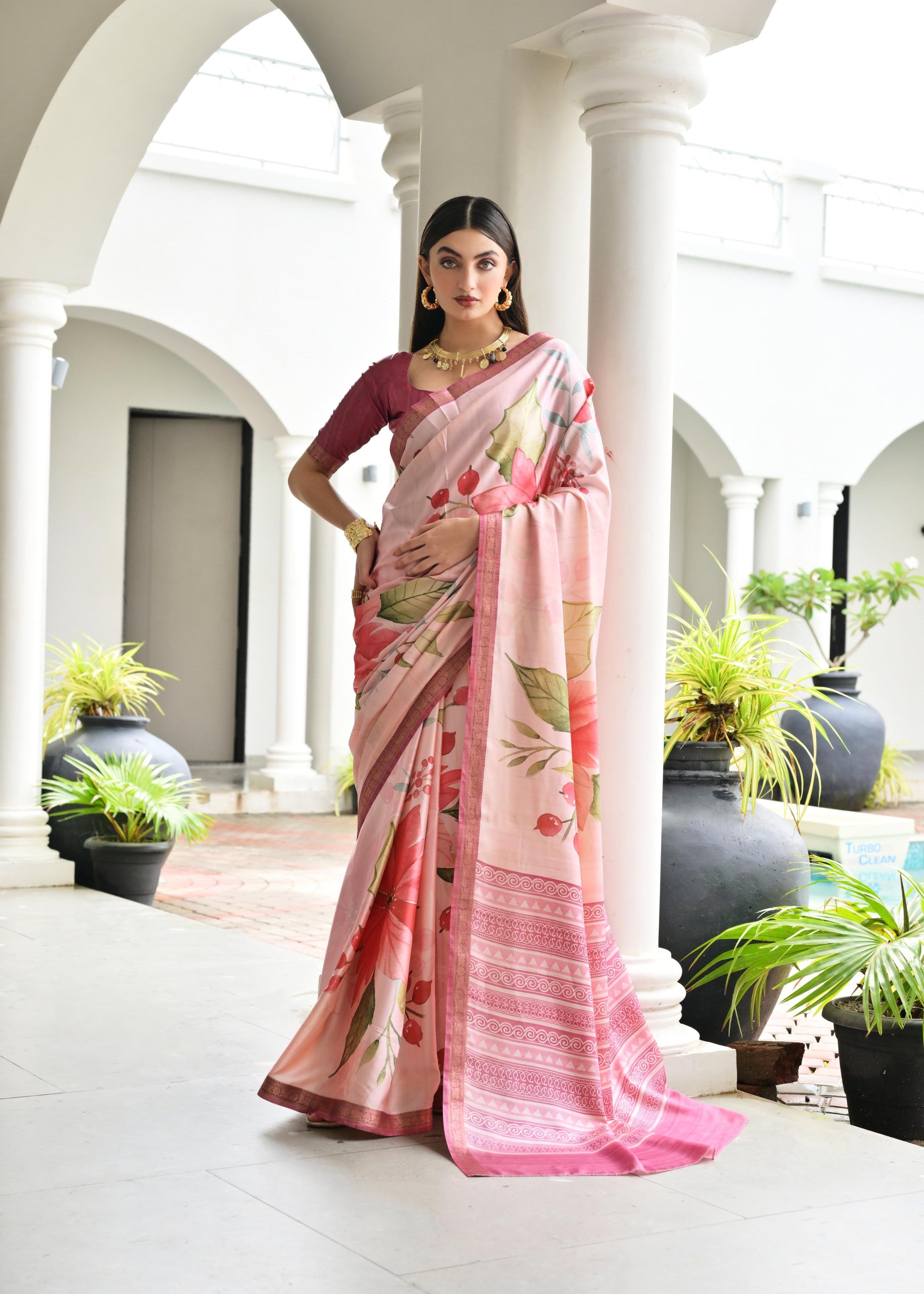 Dusty Pink Stylish Pure Satin Silk Saree
