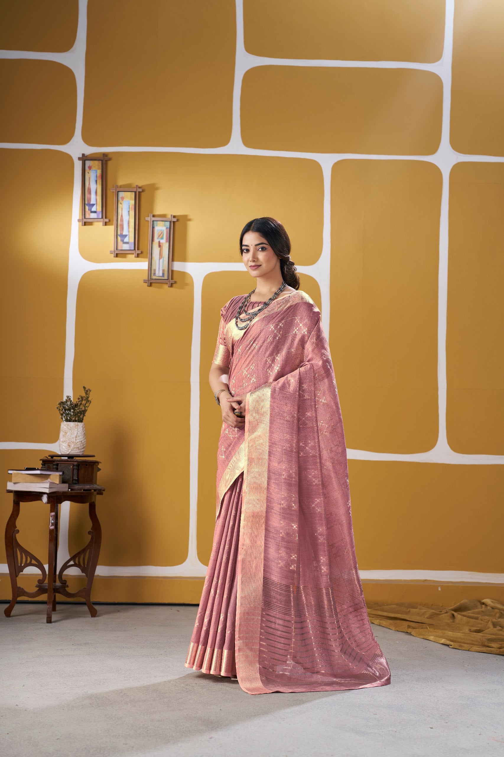 Dusty Rose Soft Linen Cotton Silk Saree