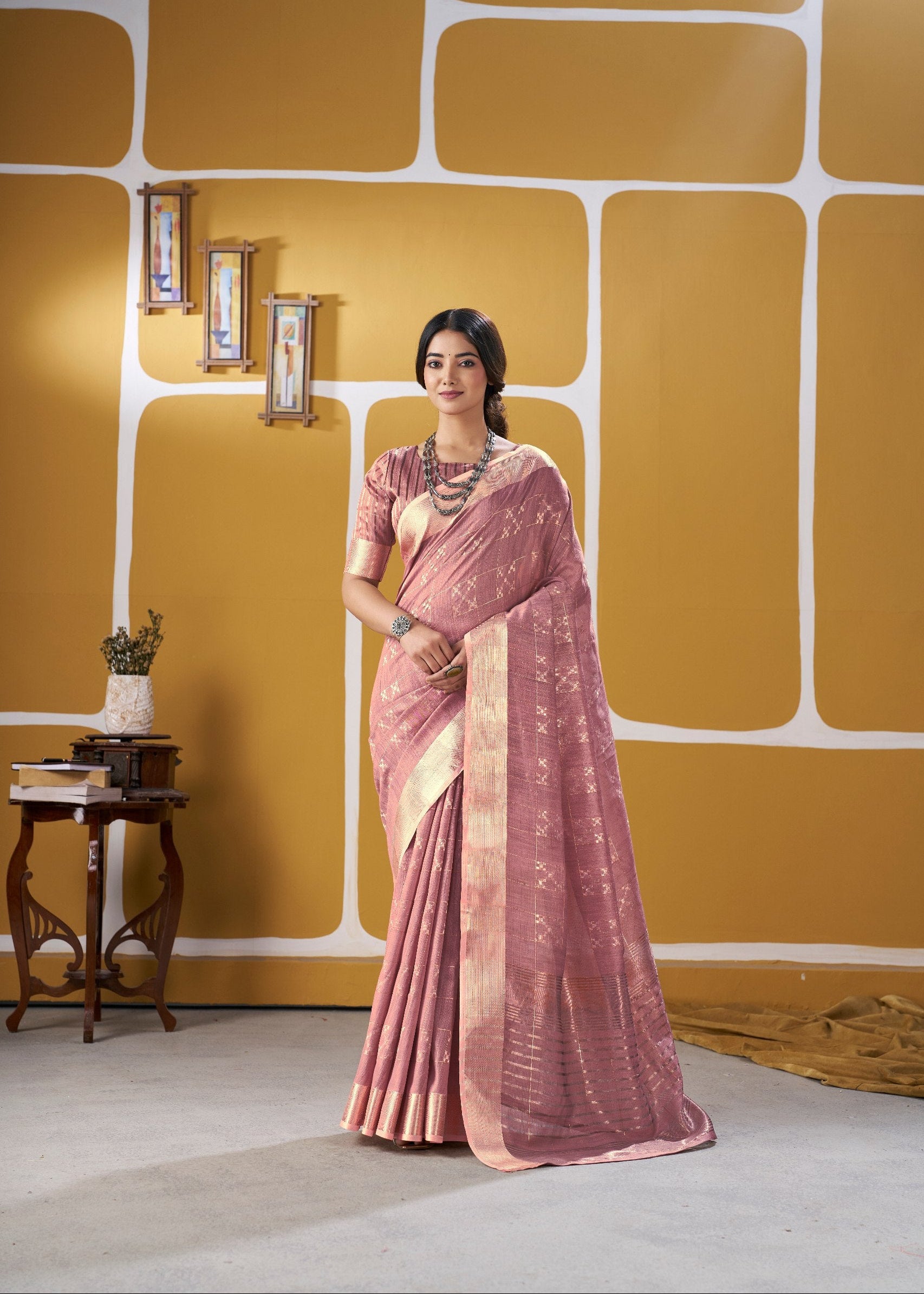 Dusty Rose Soft Linen Cotton Silk Saree