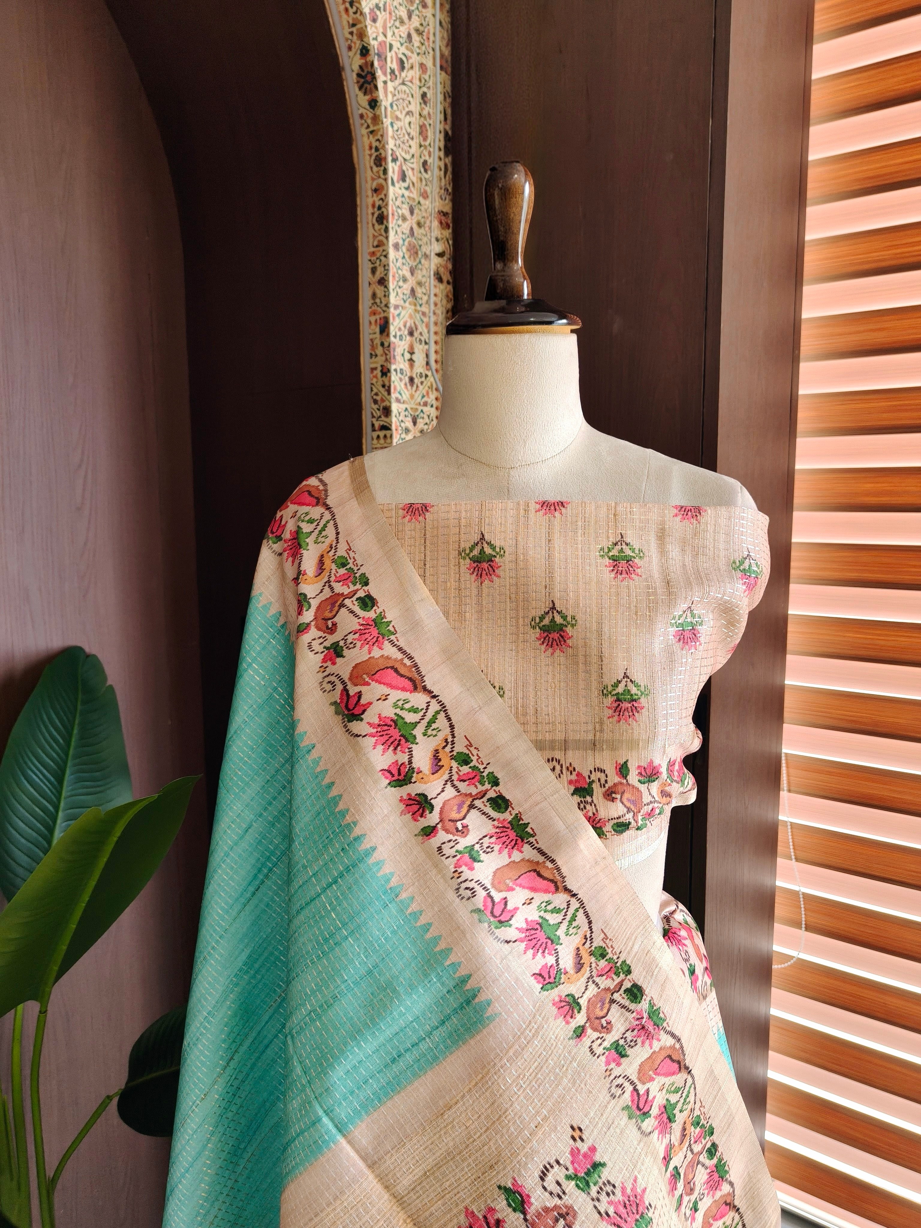 Dusty Teal Tussar Silk Saree
