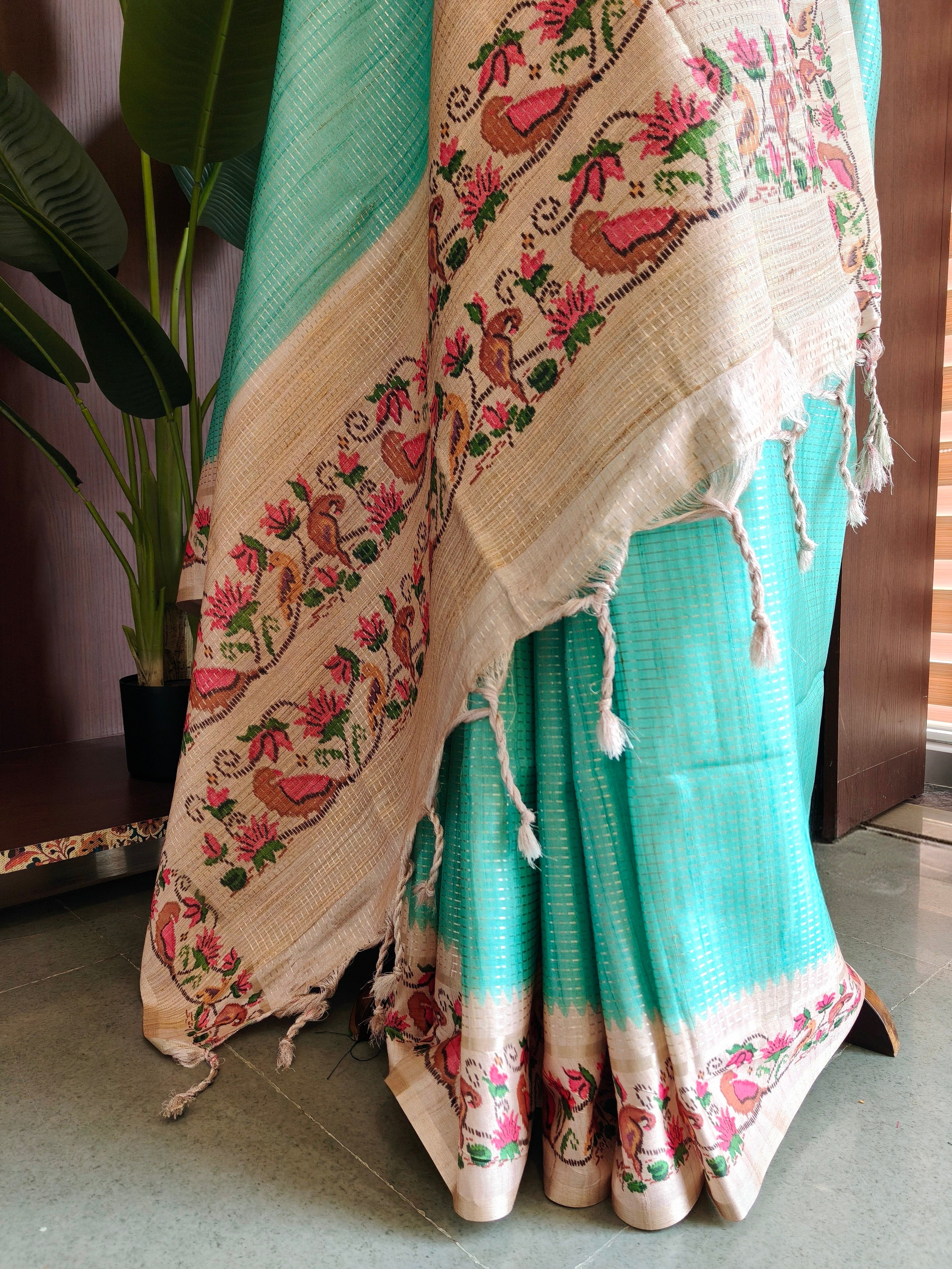 Dusty Teal Tussar Silk Saree