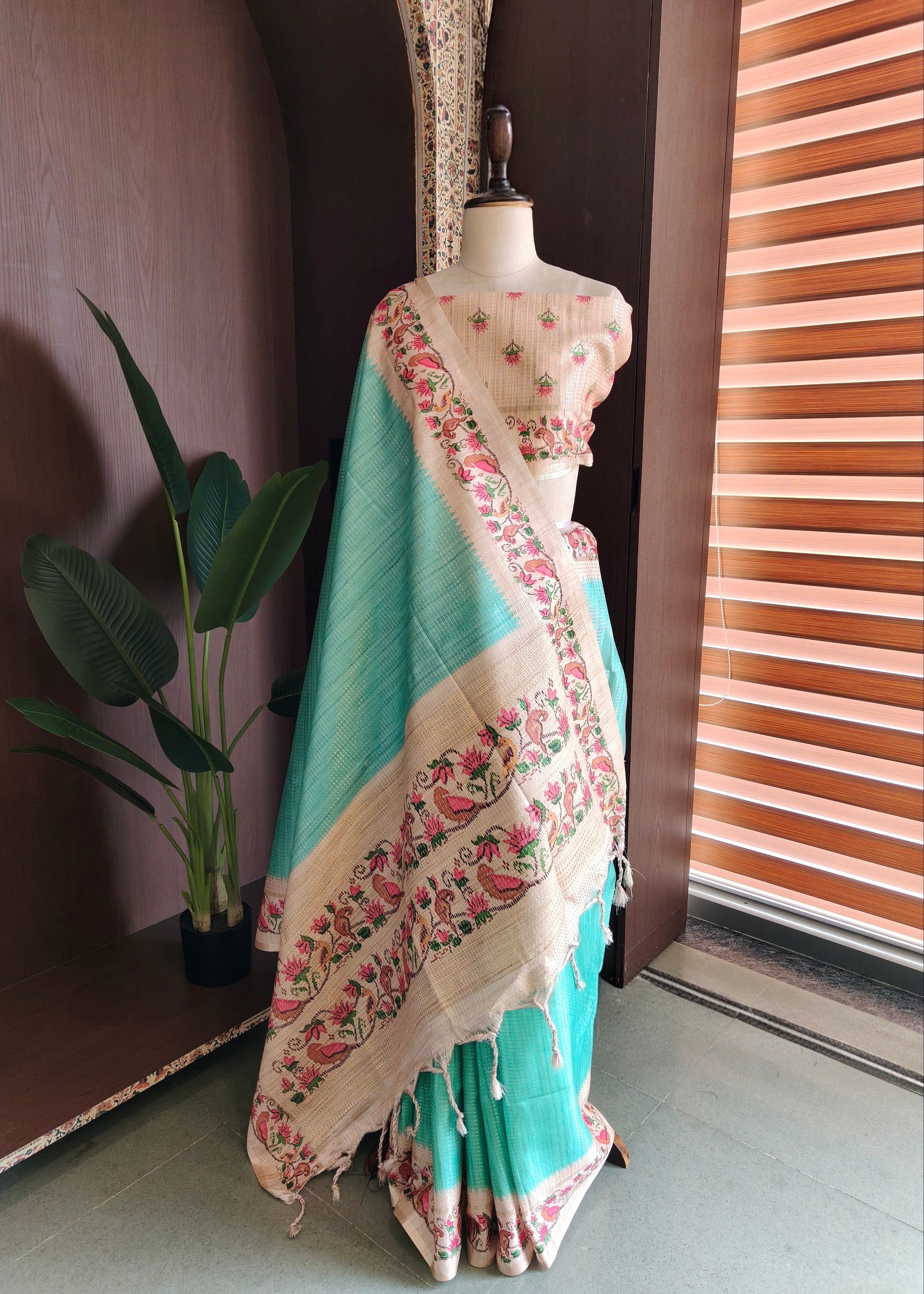 Dusty Teal Tussar Silk Saree