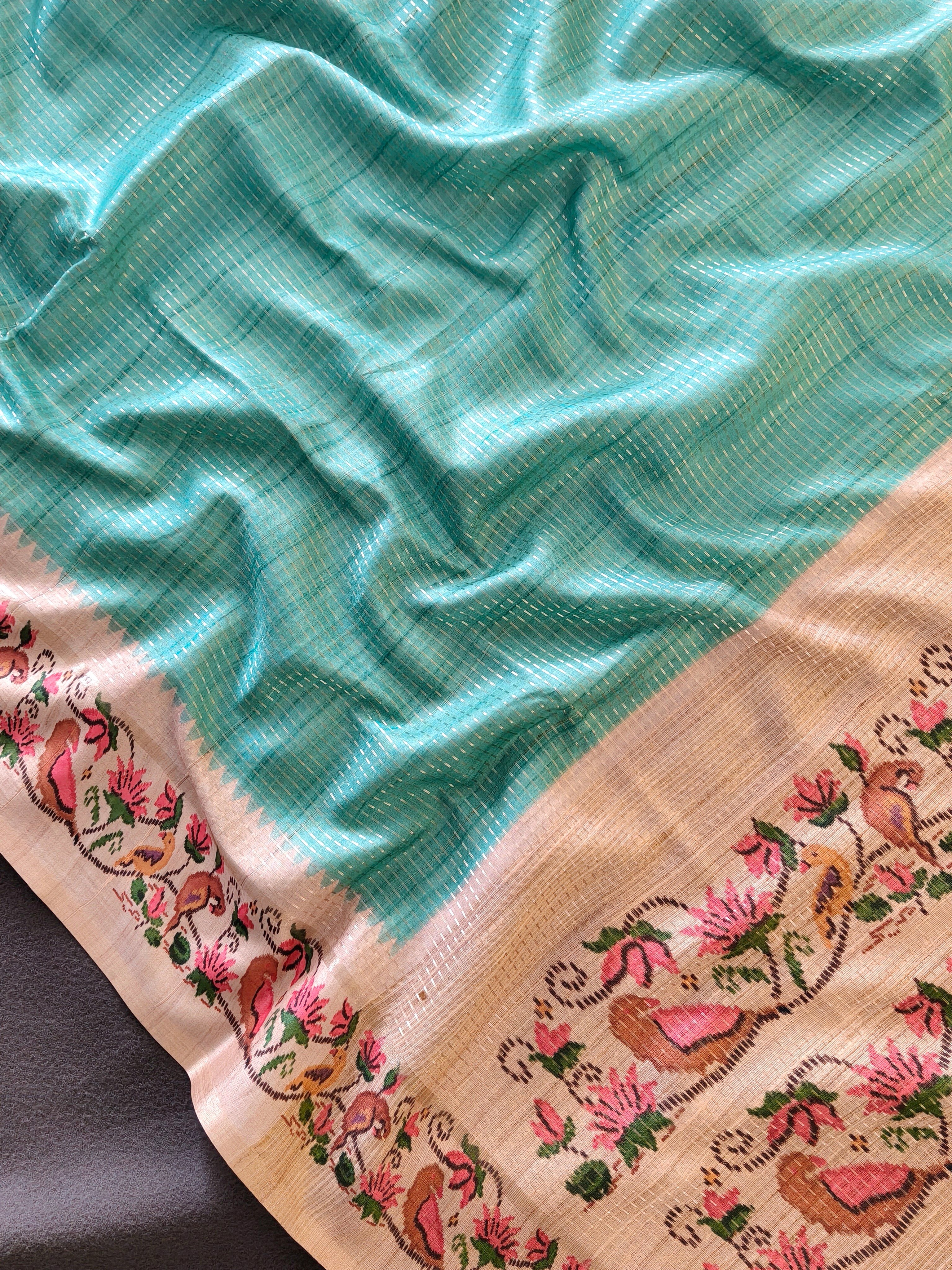Dusty Teal Tussar Silk Saree