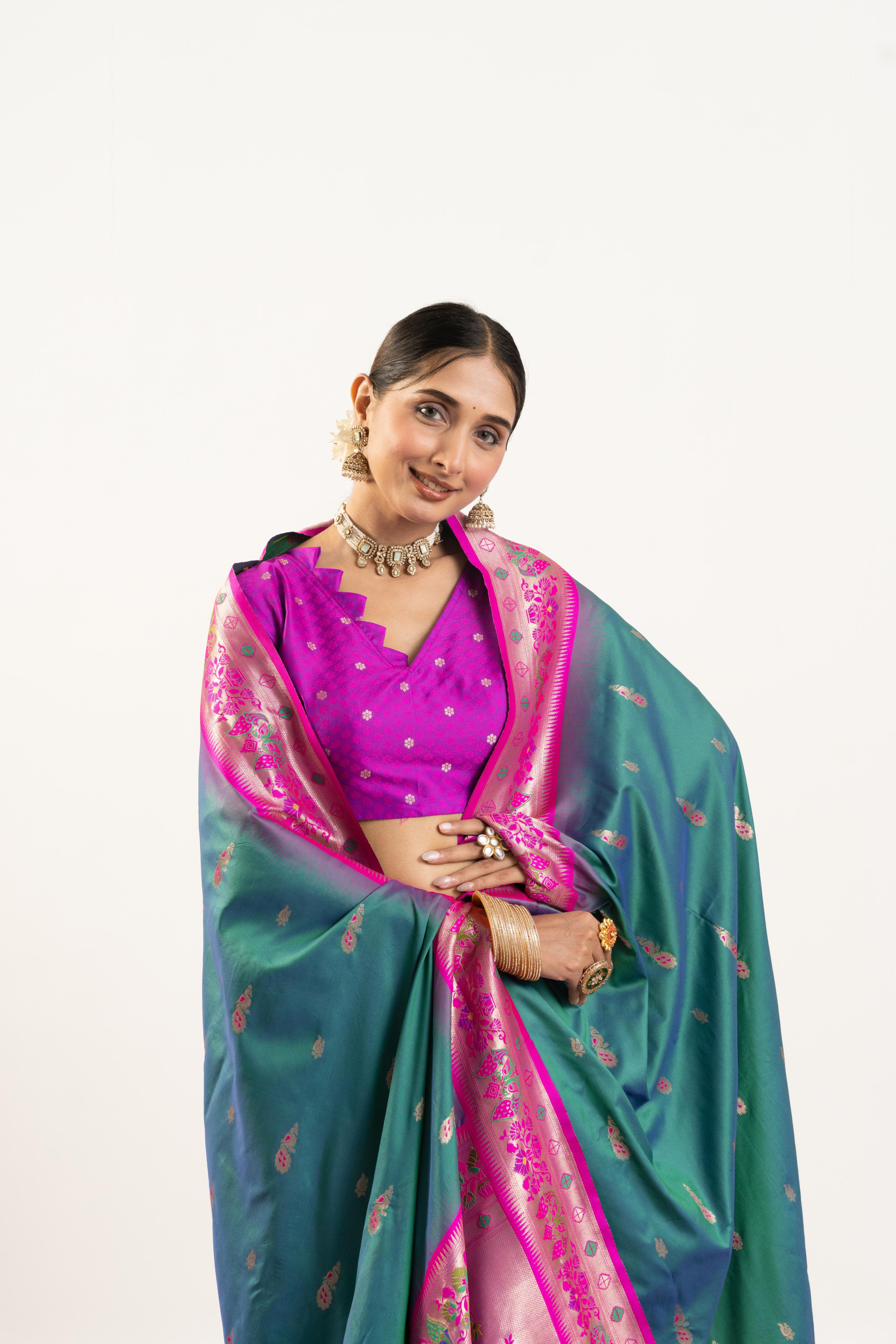 Firozi Banarasi Silk Paithani Saree