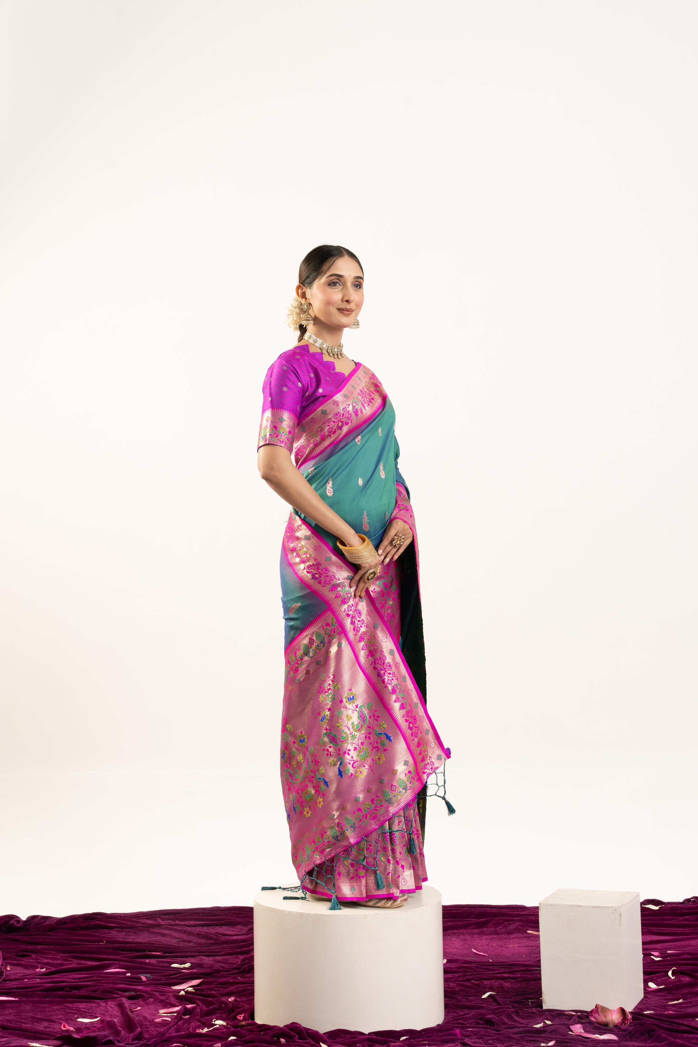 Firozi Banarasi Silk Paithani Saree