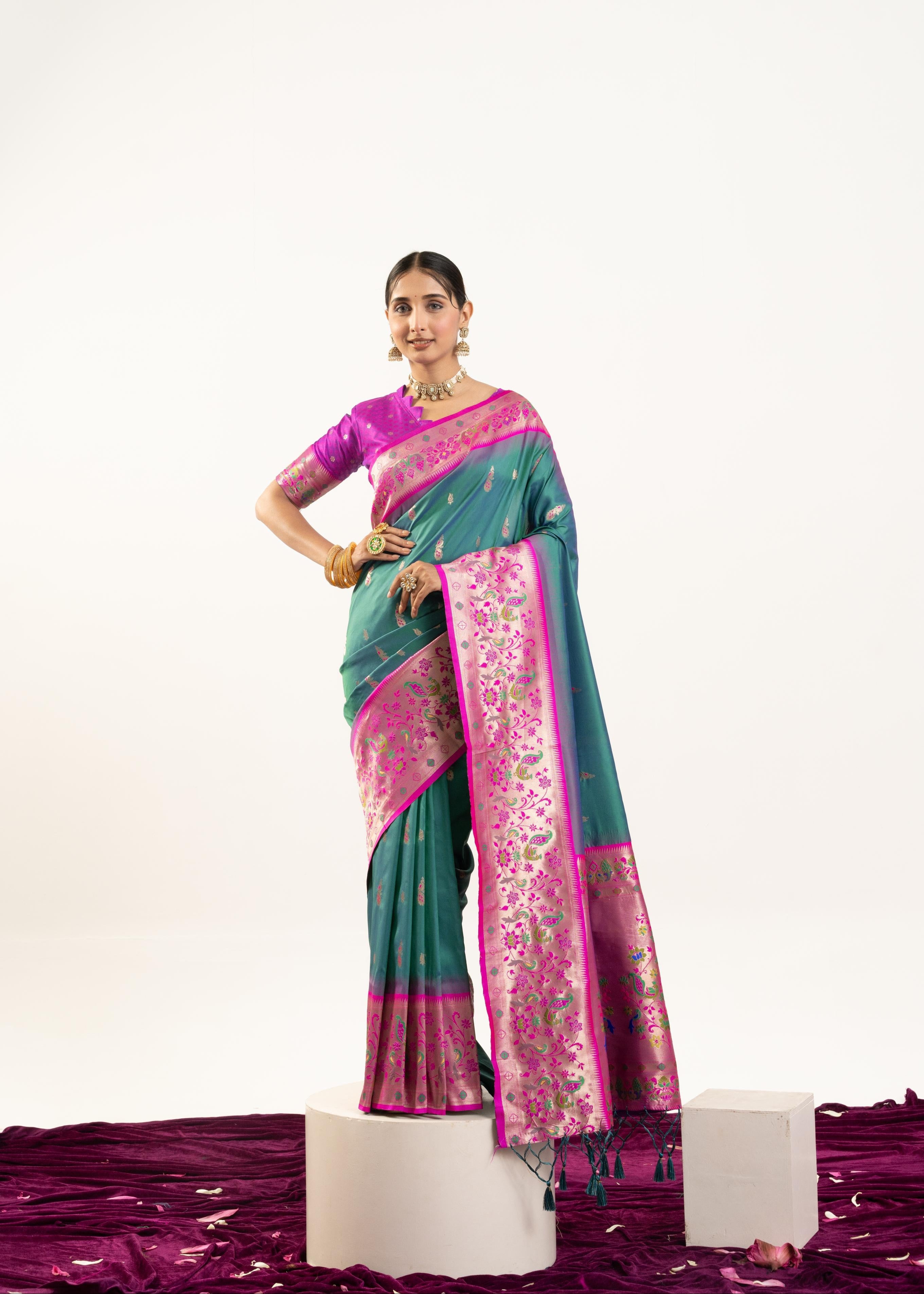 Firozi Banarasi Silk Paithani Saree