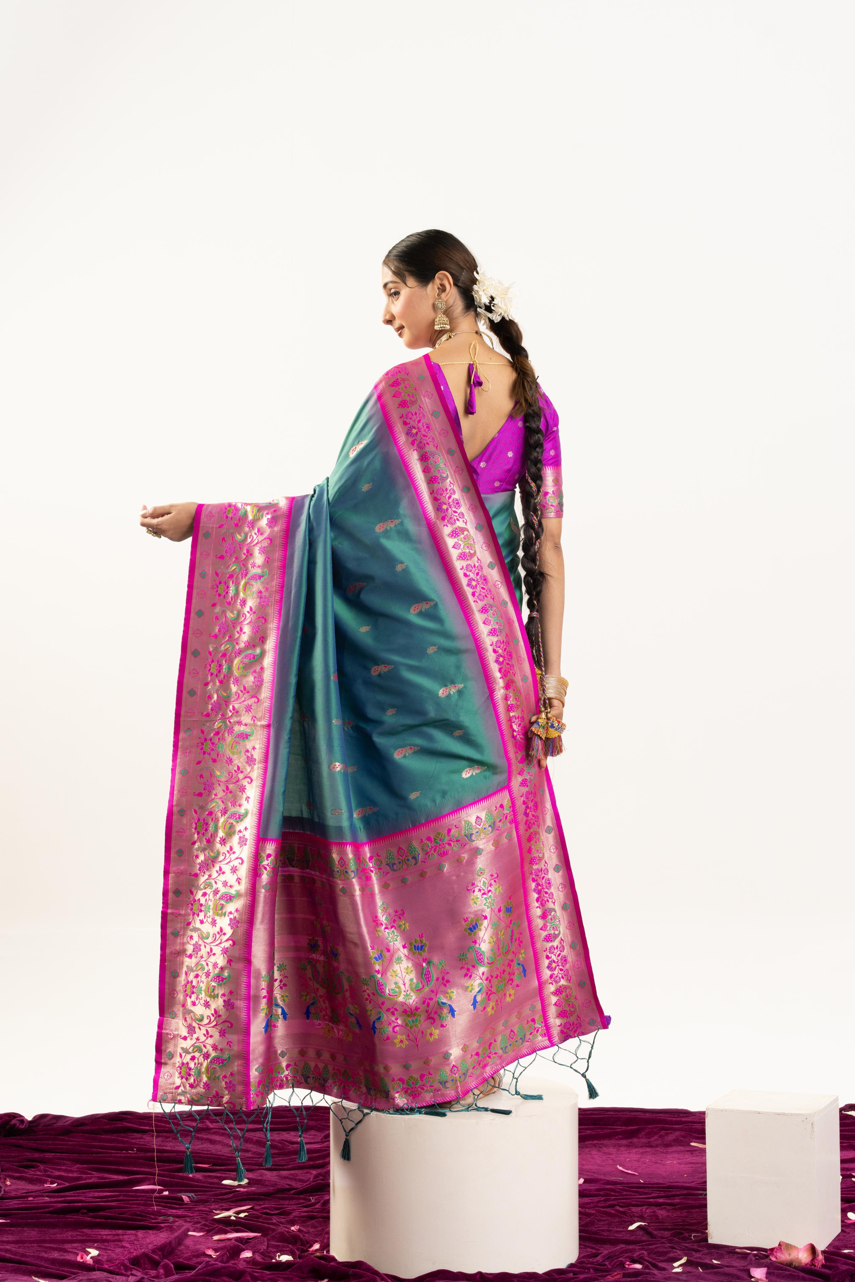 Firozi Banarasi Silk Paithani Saree