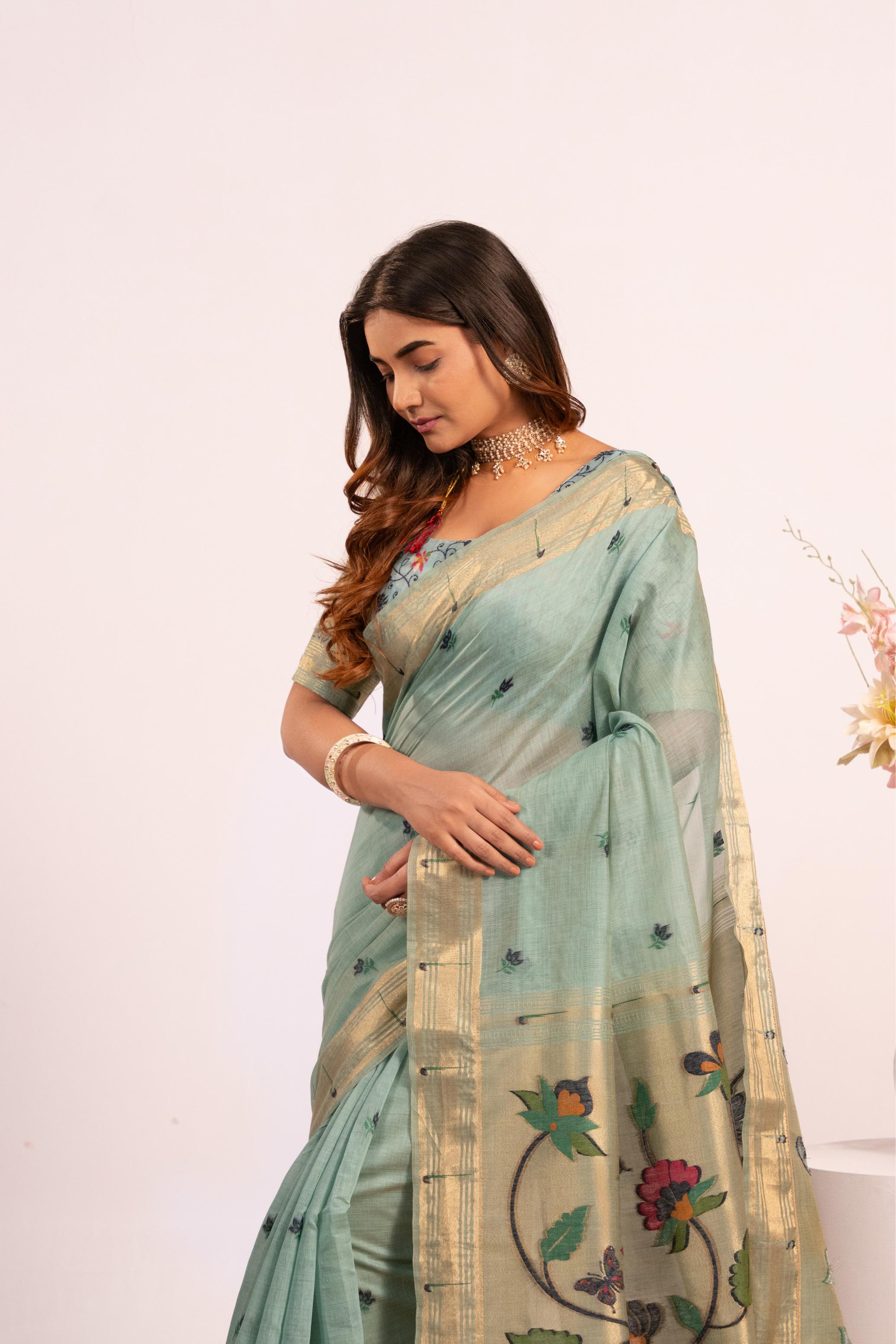 Firozi Muga Cotton Paithani Saree